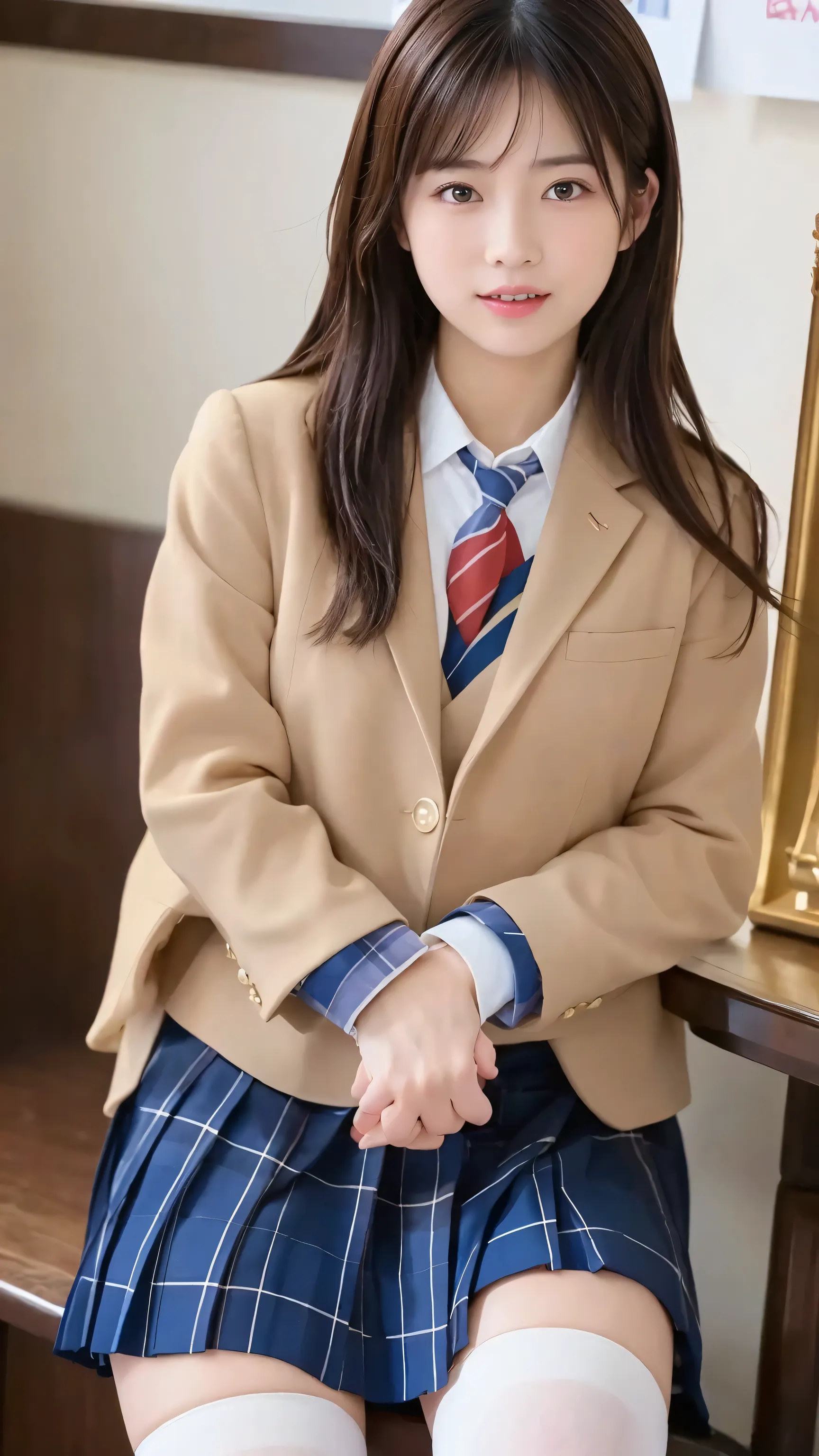 ((masterpiece)), (( top quality)), ( details), (( 非常にdetailsな)), 4K, (8k), top quality, ( beautiful ), upper body, focus on the whole body, in the classroom , cute woman, 1 woman 、 beautiful mature woman, Alone, ( Japanese High School Uniforms 、 p...