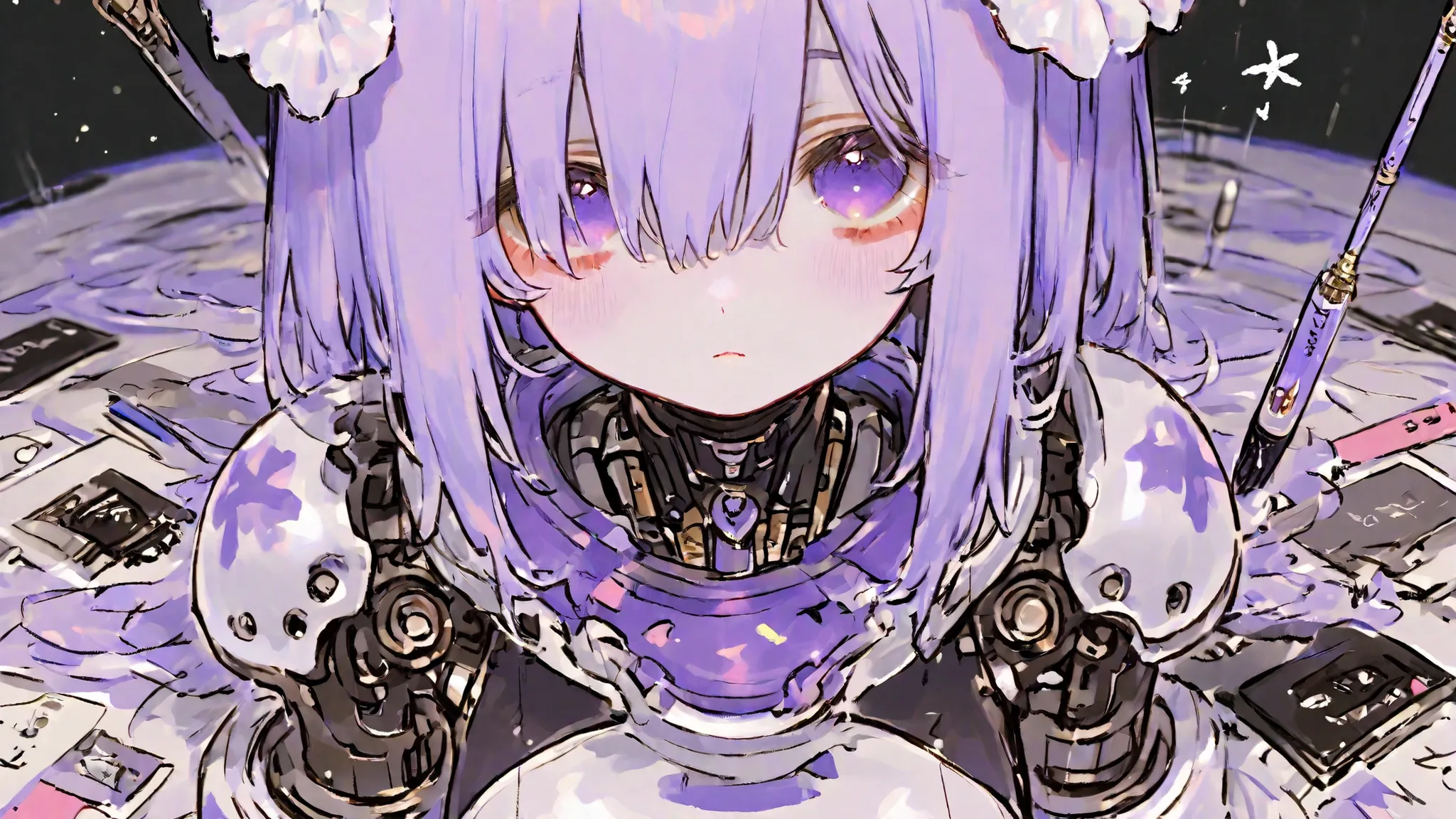 Girl Robot Angel、the head and gaze are directed at the viewer（the head is facing）。its gaze represents hopelessness and emptiness、The body has no strength、the blade of the machine is broken、the tip of the pen is broken、beautiful、cute、ephemeral、