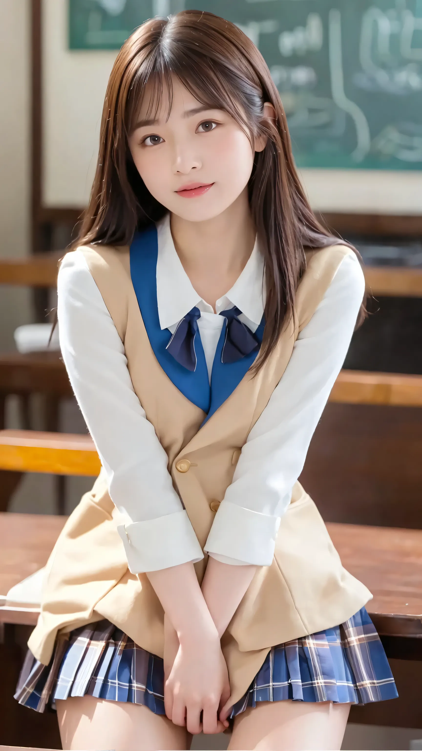 ((masterpiece)), (( top quality)), ( details), (( 非常にdetailsな)), 4K, (8k), top quality, ( beautiful ), upper body, focus on the whole body, in the classroom , cute woman, 1 woman 、 beautiful mature woman, Alone, ( Japanese High School Uniforms 、 p...