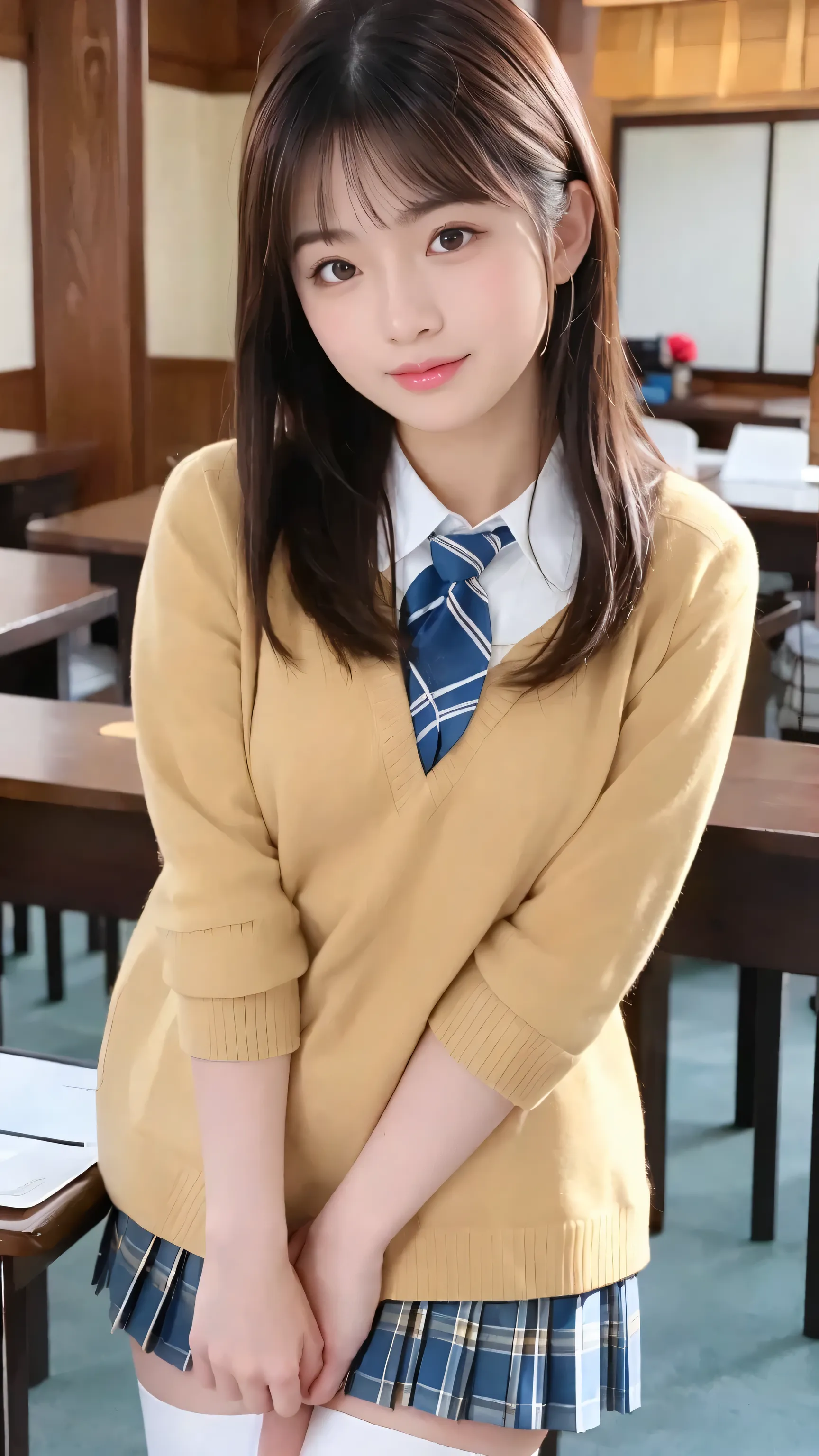 ((masterpiece)), (( top quality)), ( details), (( 非常にdetailsな)), 4K, (8k), top quality, ( beautiful ), upper body, focus on the whole body, in the classroom , cute woman, 1 woman 、 beautiful mature woman, Alone, ( Japanese High School Uniforms 、 p...