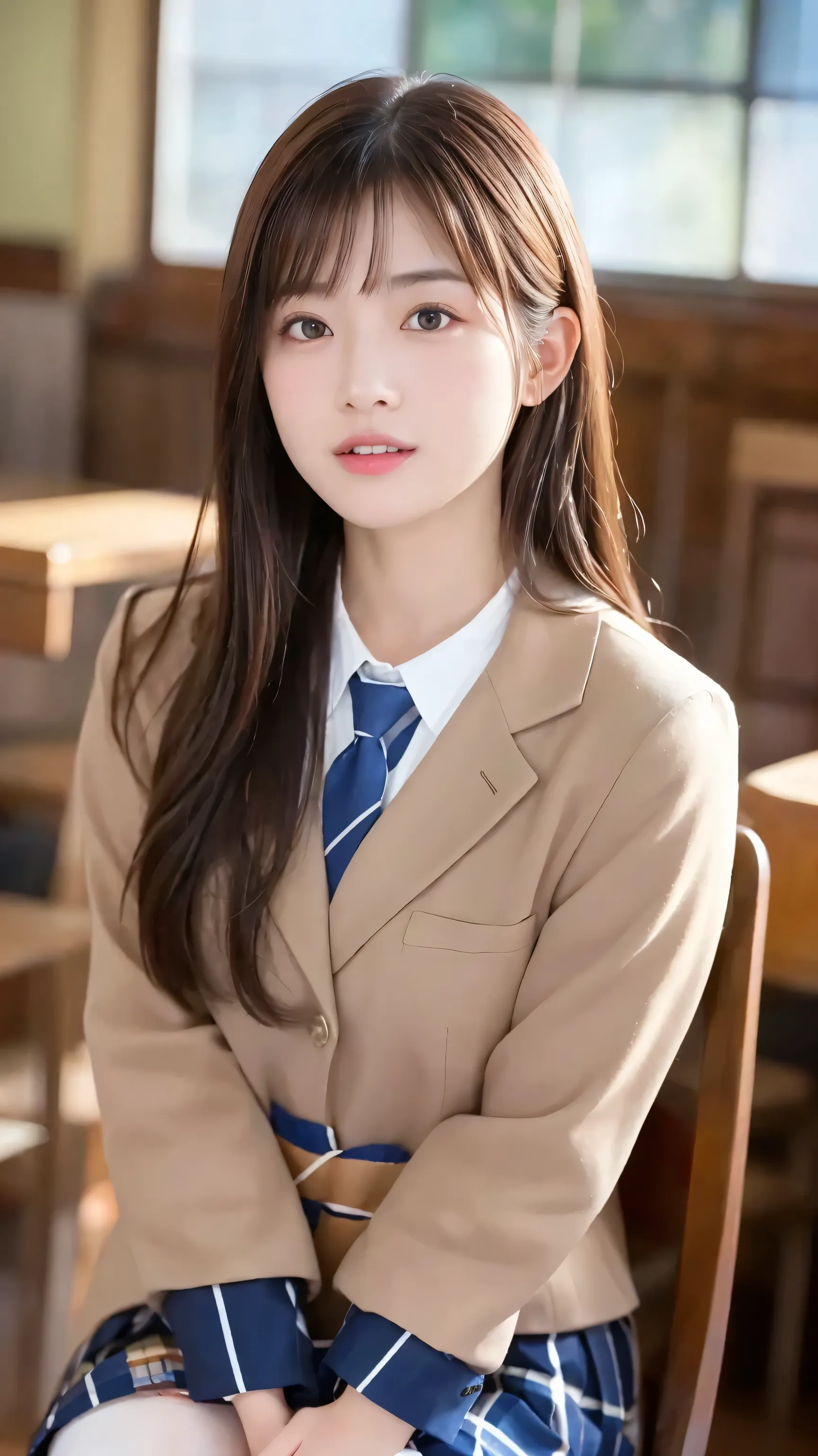 ((masterpiece)), (( top quality)), ( details), (( 非常にdetailsな)), 4K, (8k), top quality, ( beautiful ), upper body, focus on the whole body, in the classroom , cute woman, 1 woman 、 beautiful mature woman, Alone, ( Japanese High School Uniforms 、 p...