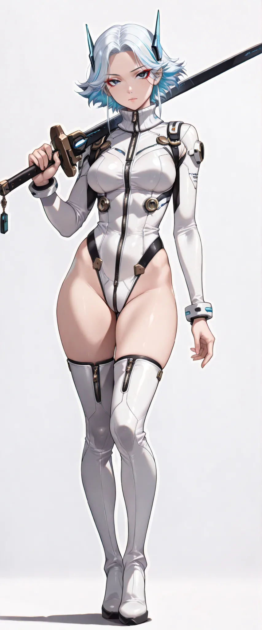 (masterpiece), best quality, expressive eyes, perfect face,1 girl, young woman, short hairs, blue eyes, looking at viewer, cowboy shot, seductive pose, serious, (( medium breasts, white bodysuit, turtleneck, high leg, leotard , thighs, tight, zipper, white...