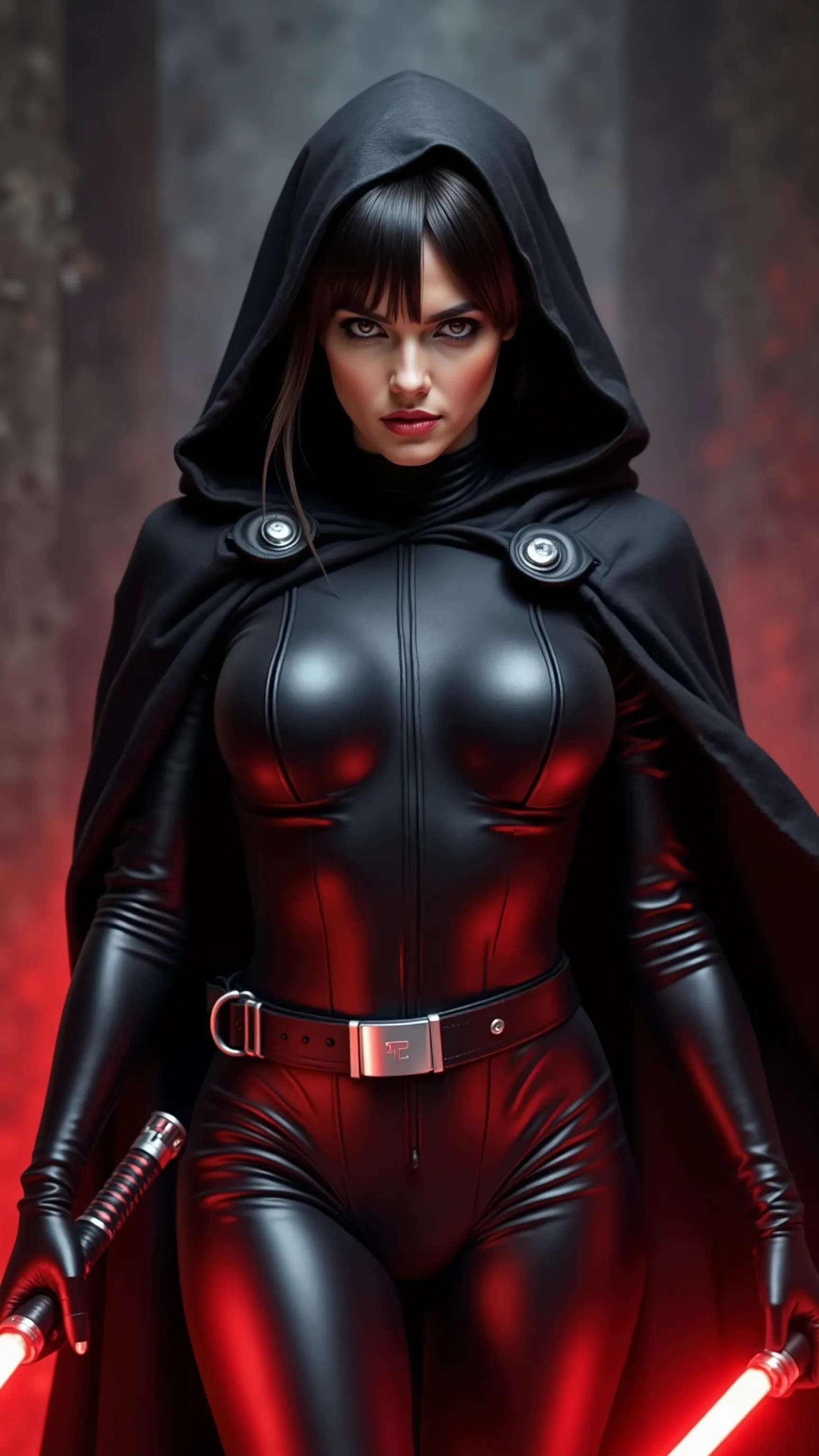 arafed woman as a Sith Lord with evil eyes with long dark hair, dressed in tight leather turtleneck combat outfit with pauldrons, using a red lightsaber, a hooded cape, dark blurry background with red glow,