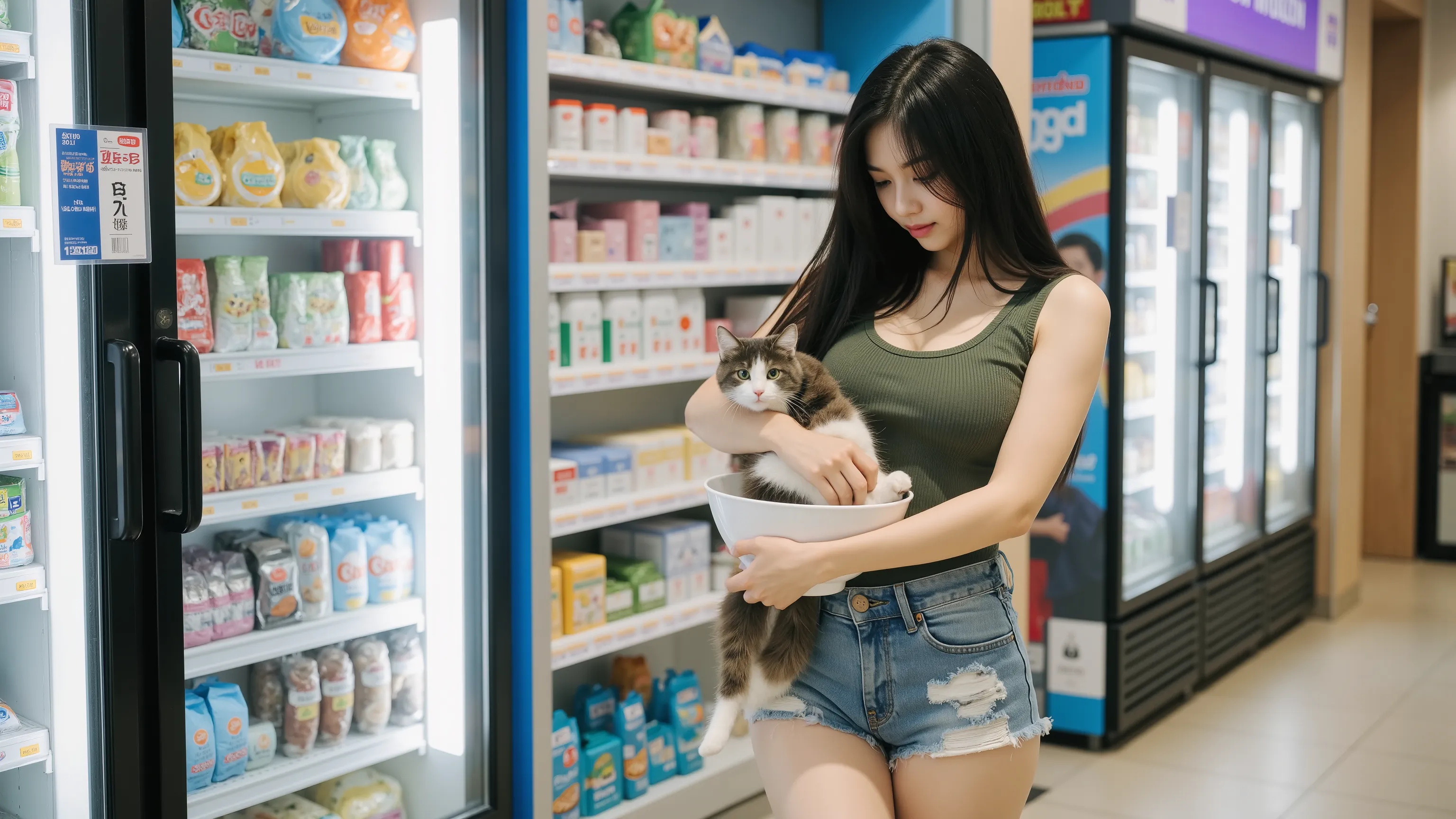korean,Big breasts ,realistic,realistic, Japanese woman in her 20s, black long straight hair,  hip vibe , Chest emphasis, sleeveless tee, Short shorts that show the thighs,I'm holding a cat in a big bowl in my arms, Convenience store background,