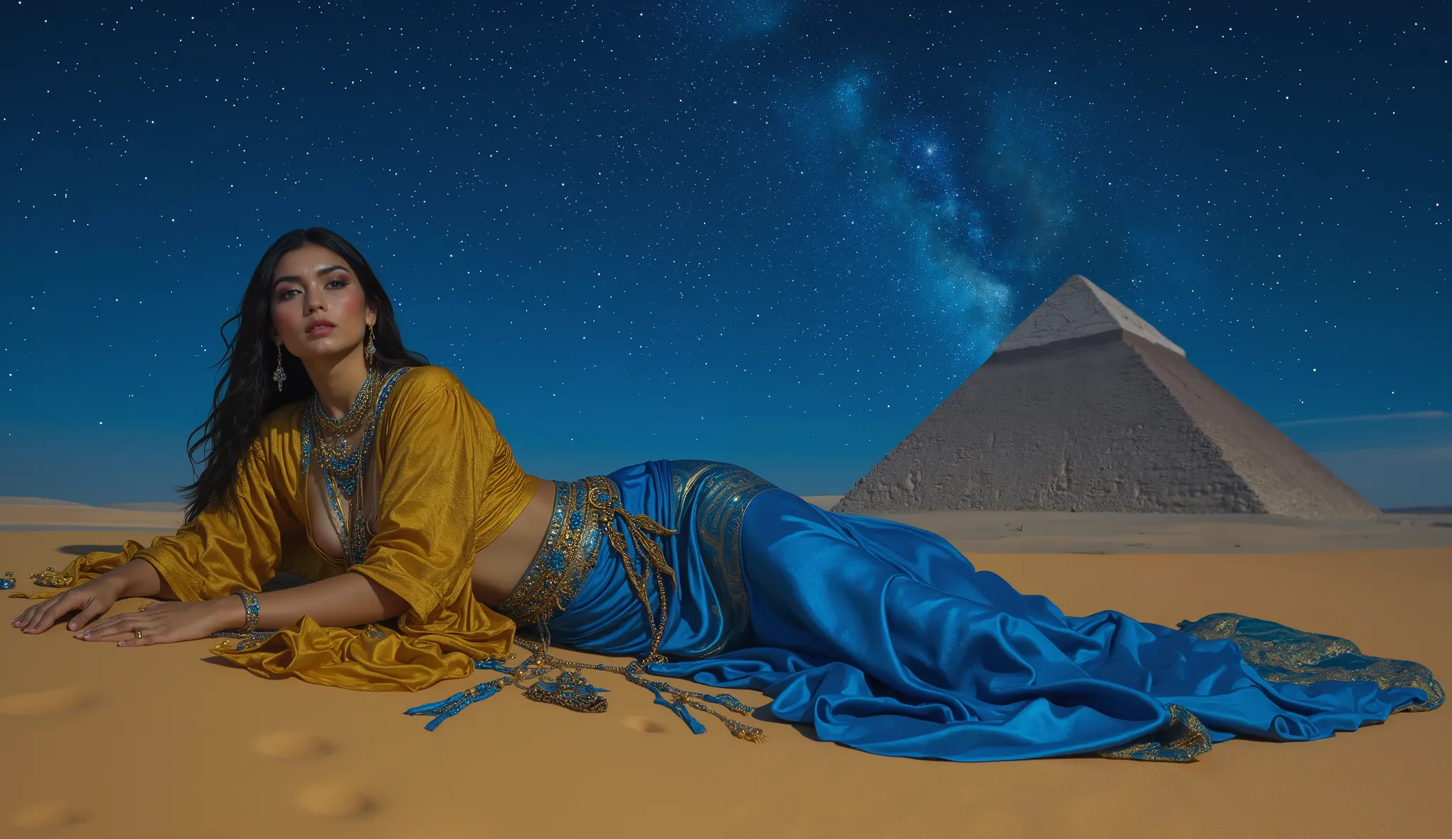 hyper realistic photo goddess from ancient Egypt wearing yellow robes, cinematic, realistic, on the desert lying at night in the desert under the starlight in a very flowing silk lapis lazuli blue dress, Great Pyramid of Giza background, German impressioni...