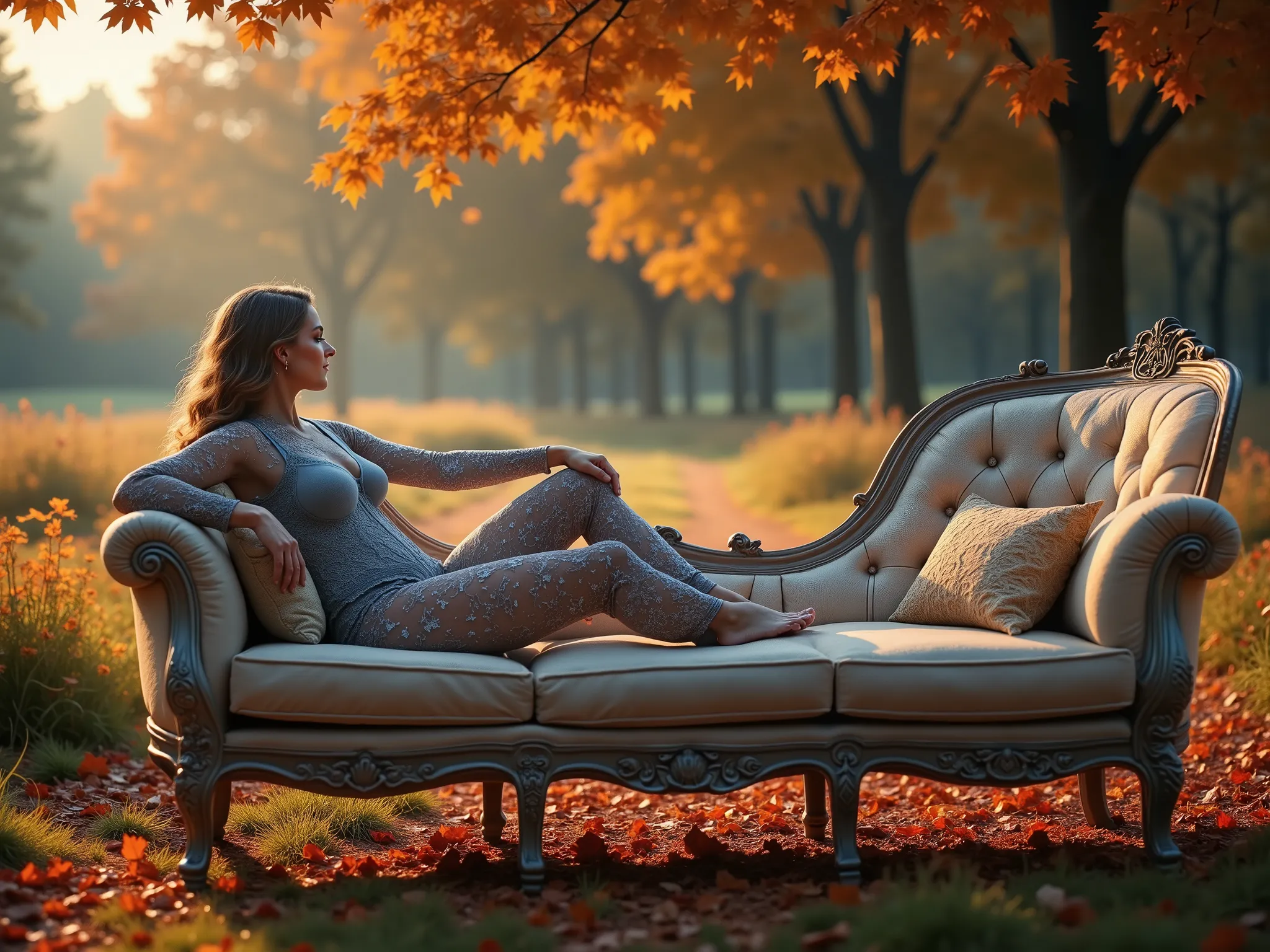 Ultra-realistic image of a curvy blonde woman reclining on an elegant, vintage cream-colored Victorian sofa placed in the middle of a sunlit meadow during a warm autumn afternoon. She wears a sophisticated light blue lace lingerie set, its delicate texture...