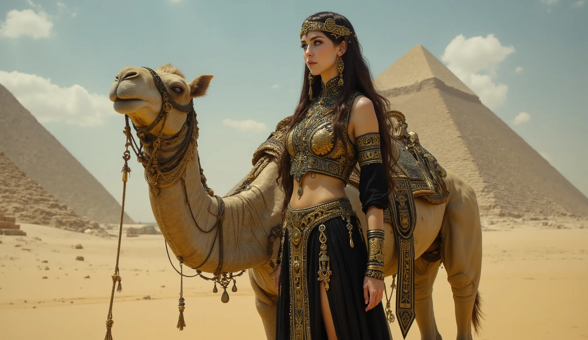 closeup full body standing, walking in the desert beautiful Egyptian goddess brunette young woman with blue eyes majestic black and gold, pyramids in the background, next to her her mechanical camel, German impressionism, Style: victoria frances, Mary Bark...