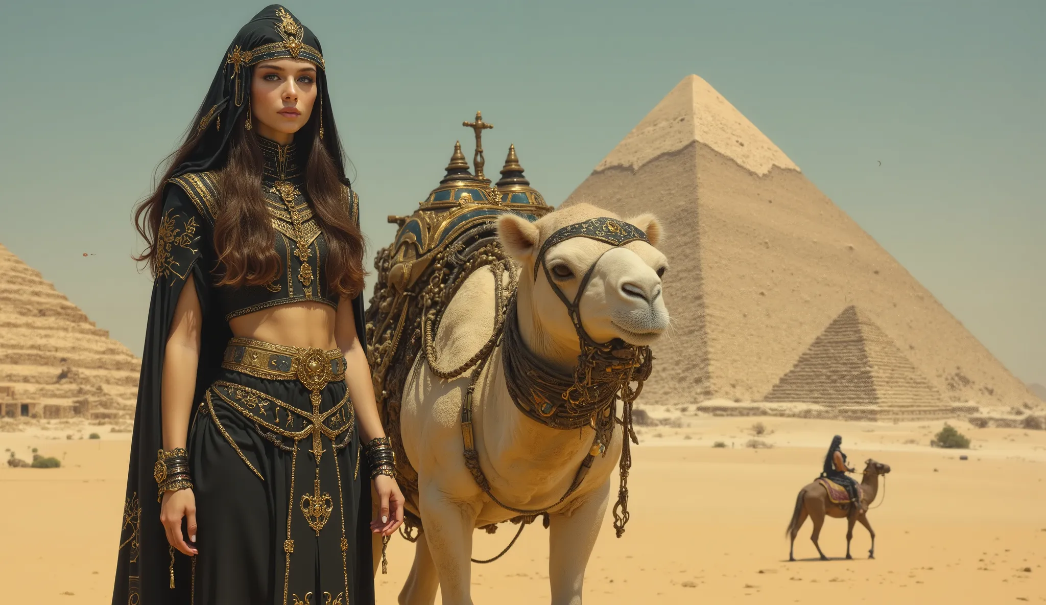 closeup full body standing, walking in the desert beautiful Egyptian goddess brunette young woman with blue eyes majestic black and gold, pyramids in the background, next to her her mechanical camel, German impressionism, Style: victoria frances, Mary Bark...