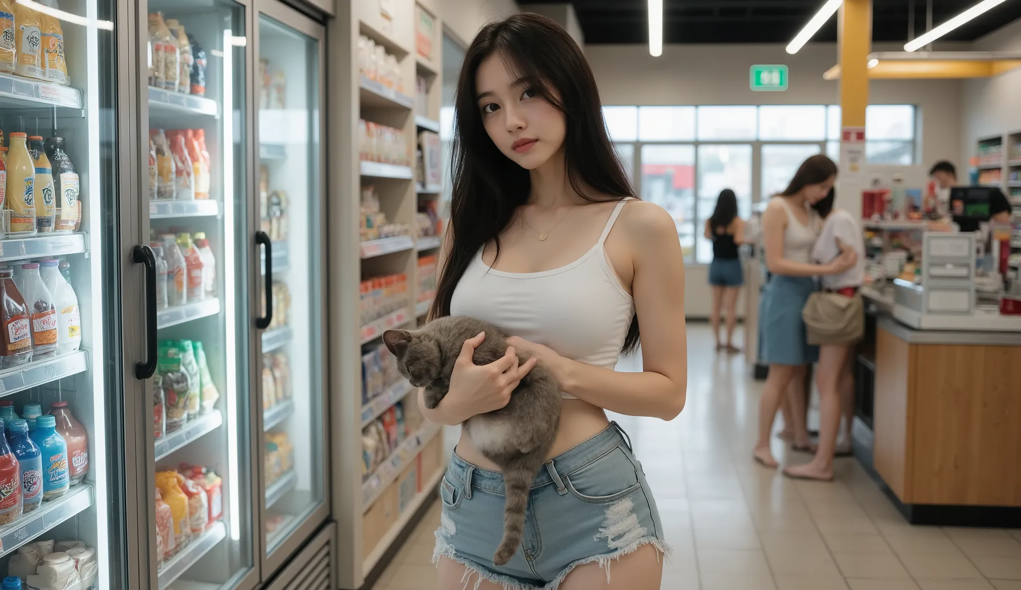 korean,Big breasts ,realistic,realistic, Japanese woman in her 20s, black long straight hair,  hip vibe , Chest emphasis, sleeveless tee, Short shorts that show the thighs,I'm holding a cat in a big bowl in my arms, Convenience store background,