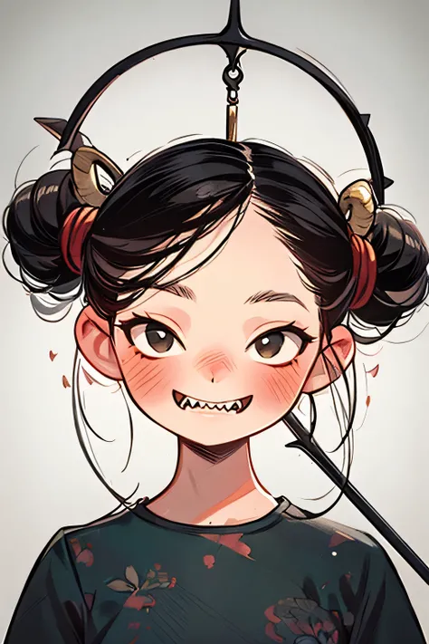 a friendly, misty forest under a glowing full moon,a little devil,detailed portrait,horns,red skin,sharp teeth,mischievous expression,holding a trident,4K,ultra-detailed,photorealistic,professional rendering,atmospheric lighting,mystical ambiance,dark fant...