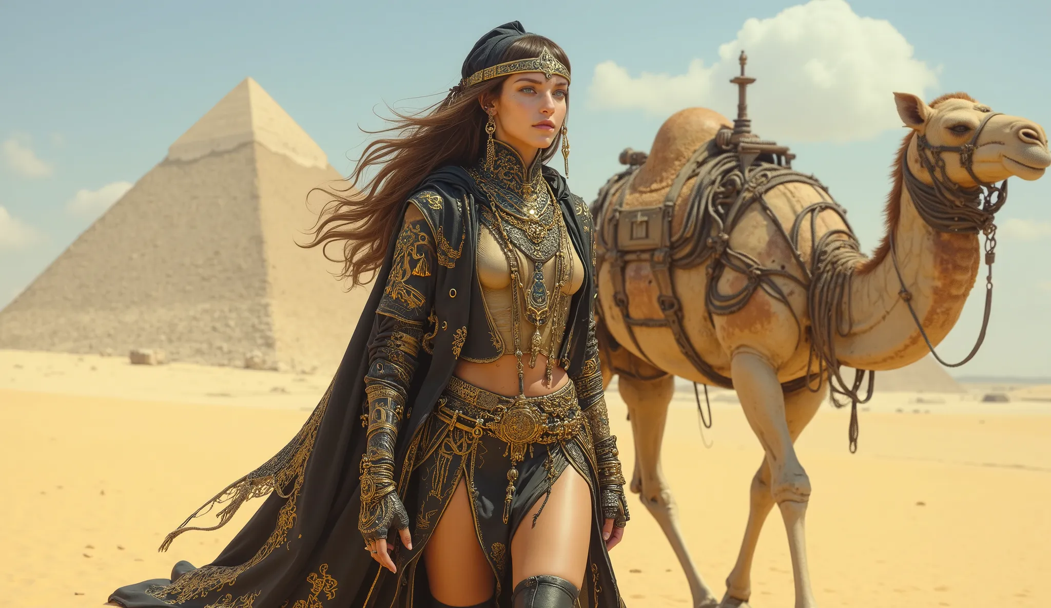 closeup full body standing, walking in the desert beautiful Egyptian goddess brunette young woman with blue eyes majestic black and gold, pyramids in the background, next to her her mechanical robotic rusty camel, German impressionism, Style: victoria fran...