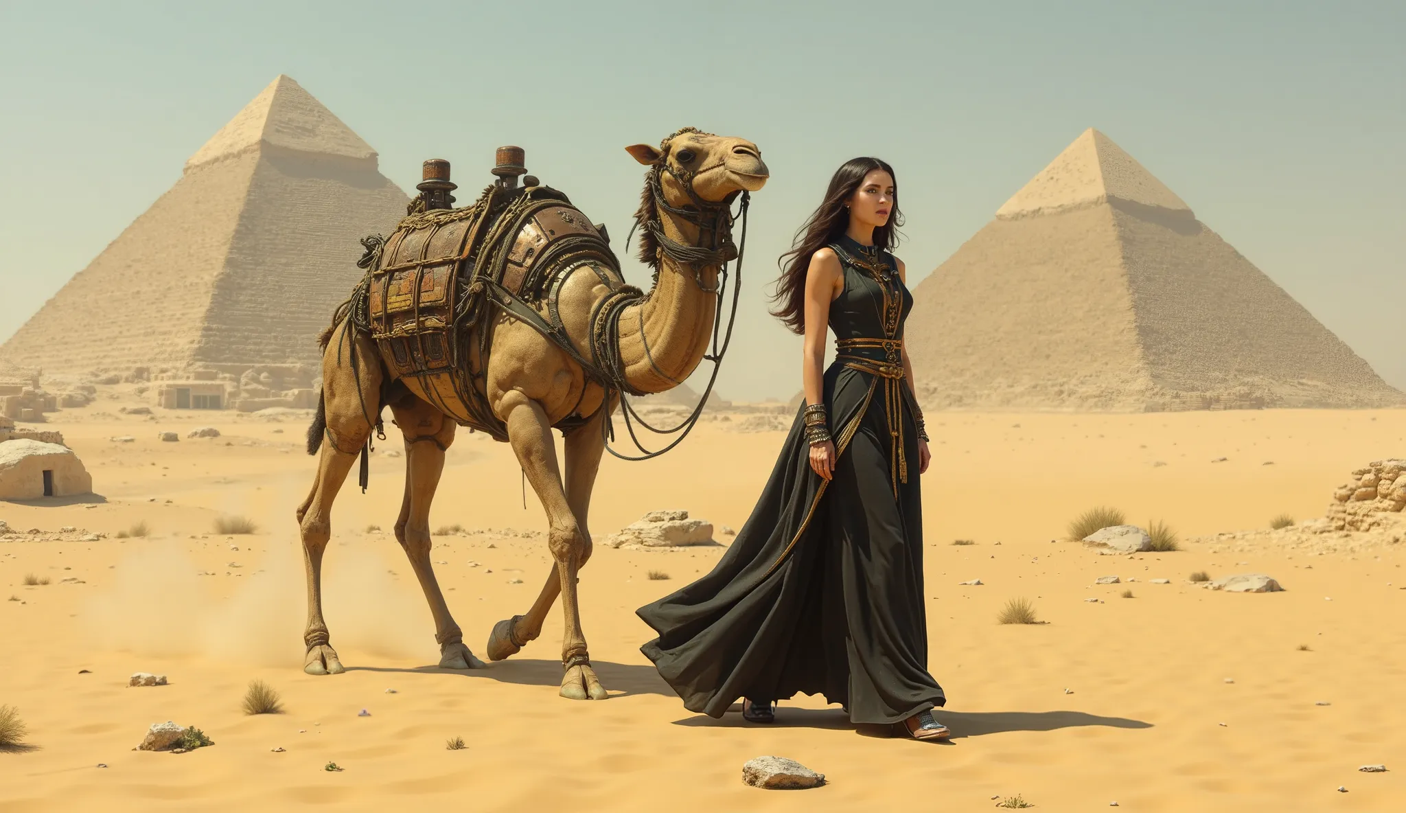 closeup full body standing, walking in the desert beautiful Egyptian goddess brunette young woman with blue eyes majestic black and gold, pyramids in the background, next to her her mechanical robotic rusty camel, German impressionism, Style: victoria fran...