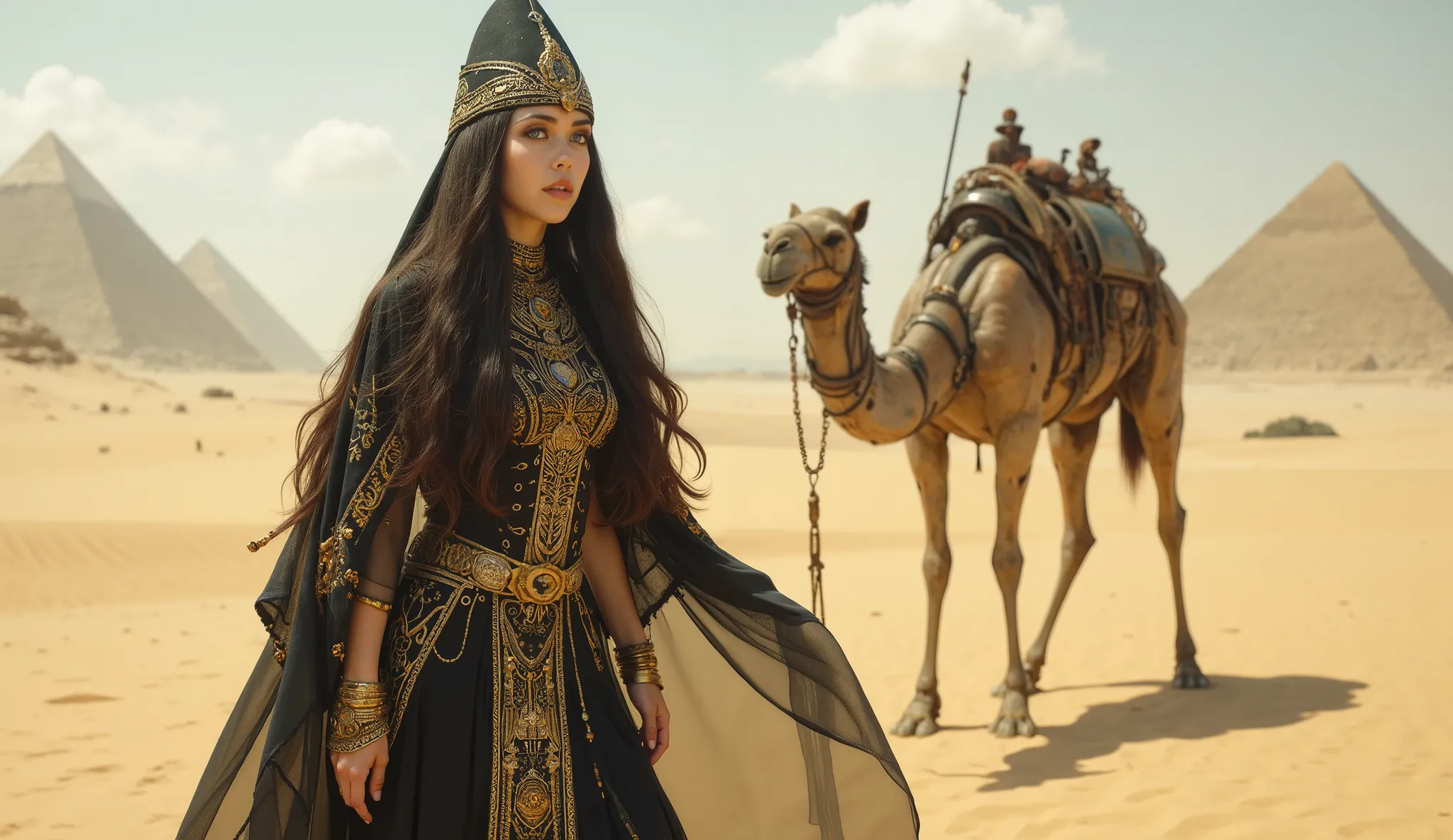 closeup full body standing, walking in the desert beautiful Egyptian goddess brunette young woman with blue eyes majestic black and gold, pyramids in the background, next to her her mechanical robotic rusty camel, German impressionism, Style: victoria fran...