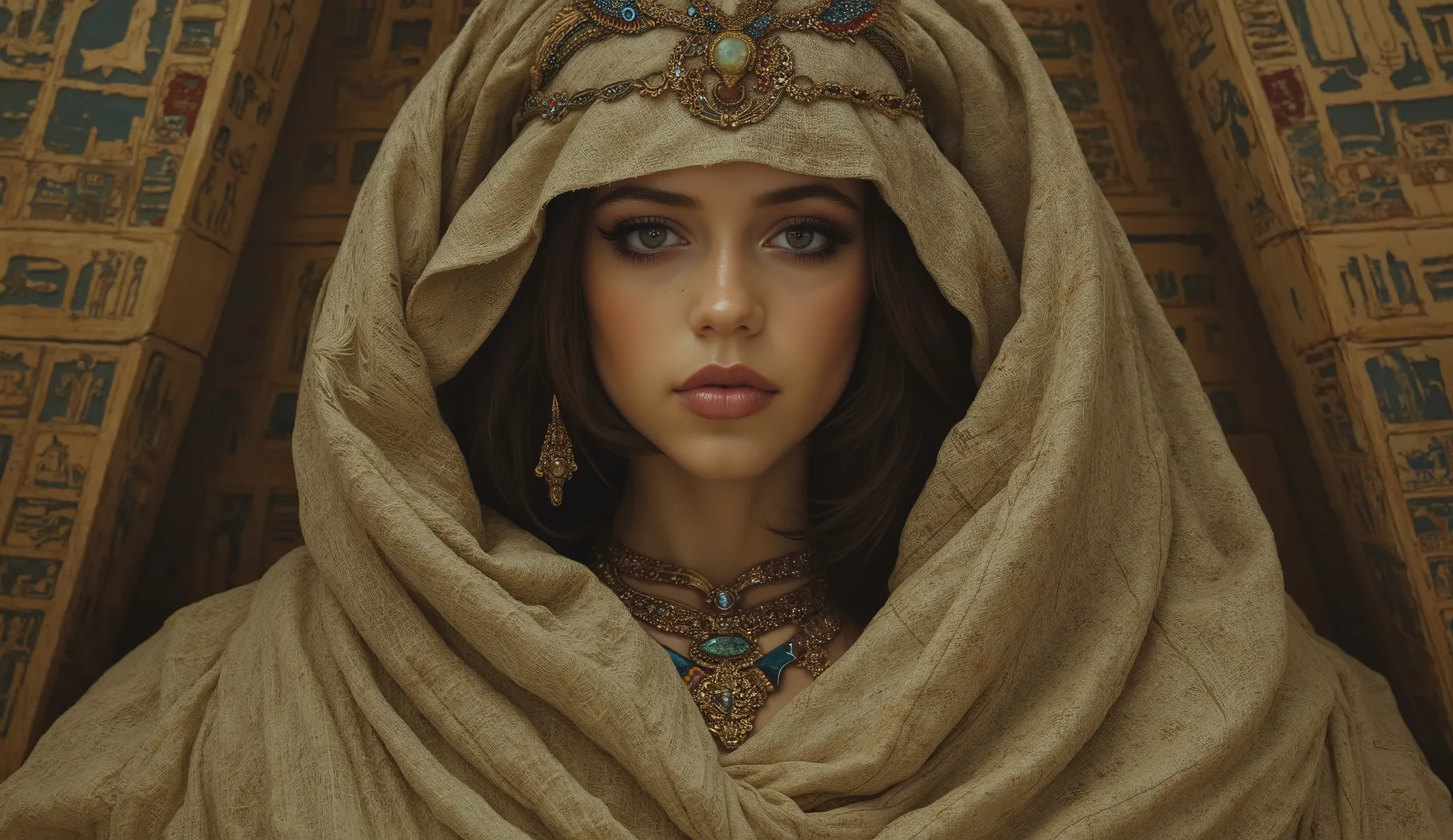 Egyptian beautiful brunette young woman, blue eyes, wrapped in dirty beige gauze inside an ancient Egyptian temple with a gan sculpture of the god thot, German impressionism, Style: victoria frances, Mary Barker,Arthur Rackham,Brian Froud,Rebecca Guay, bek...