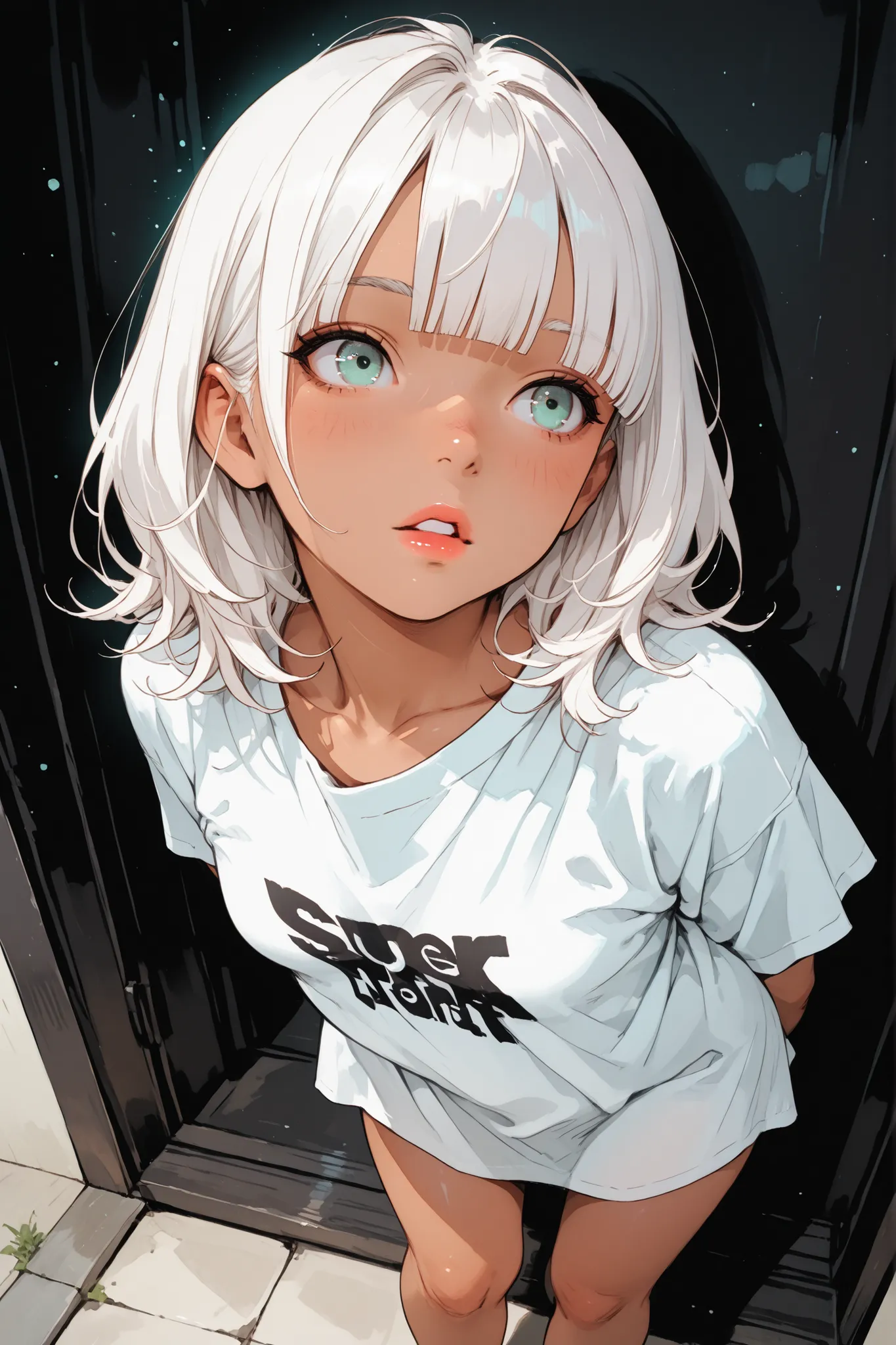 1 girl,Super Detailed,absolute resolution,(tanned skin:0.3),(dynamic angles),portrait,(pinup),standing,[[leaning forward]],arms behind back,,oversized white long T-shirt,,Bare Foot,detailed and beautiful hair and eyes,medium hair,((white hair)),blunt bangs...