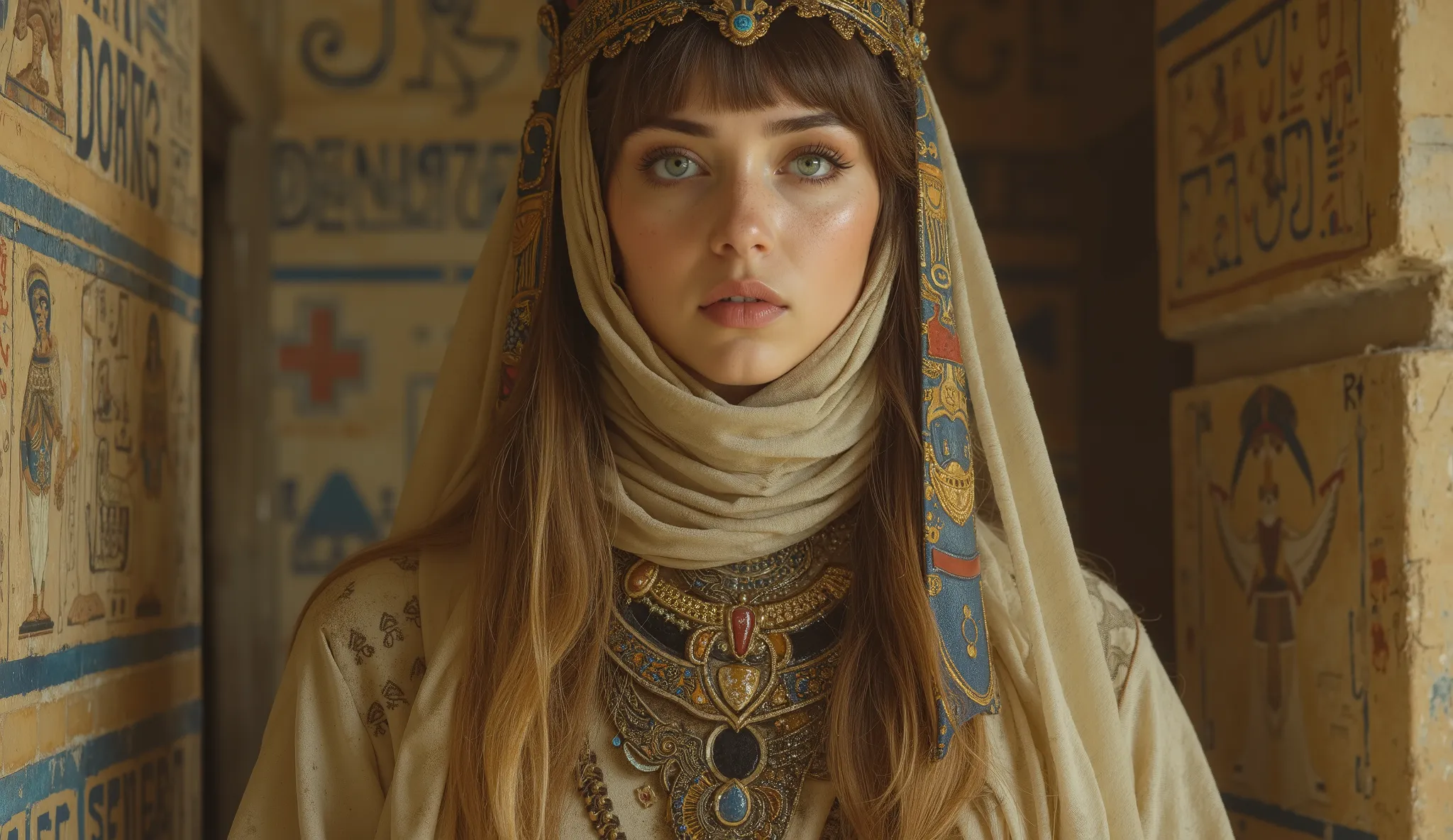 Egyptian beautiful brunette young woman, blue eyes, wrapped in dirty beige gauze inside an ancient Egyptian temple with a gan sculpture of the god thot, German impressionism, Style: victoria frances, Mary Barker,Arthur Rackham,Brian Froud,Rebecca Guay, bek...