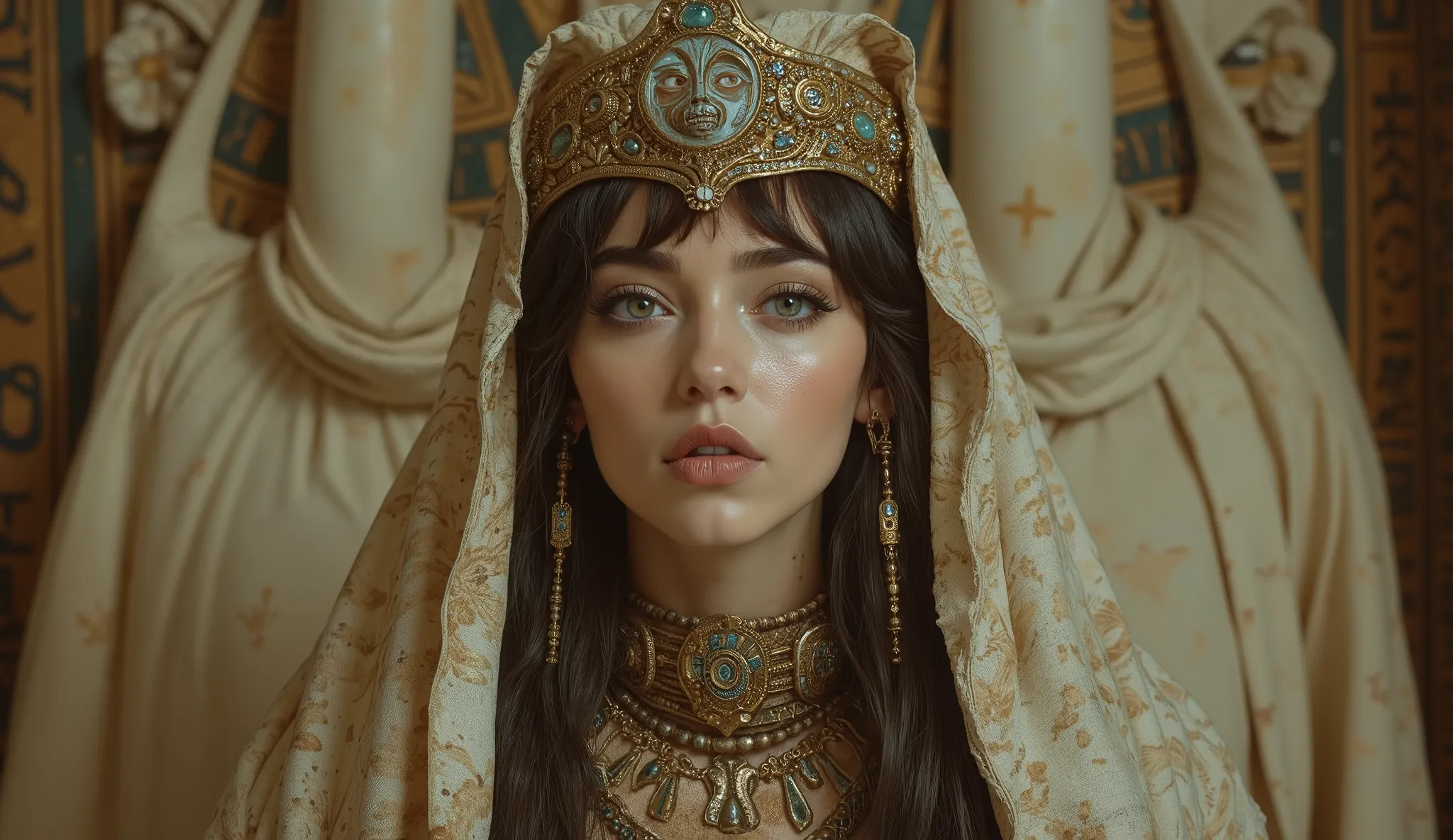 Egyptian beautiful brunette young woman, blue eyes, wrapped in dirty beige gauze inside an ancient Egyptian temple with a gan sculpture of the god thot, German impressionism, Style: victoria frances, Mary Barker,Arthur Rackham,Brian Froud,Rebecca Guay, bek...