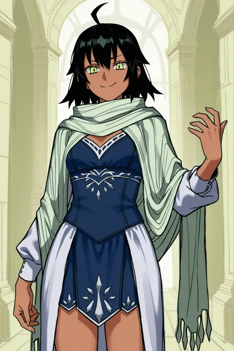 blackcloverxl, ((fantasy clothing)), dark skin, ((flowing scarf)), ((black hair)), ((fantasy paladin)), ((ahoge)), ((yellow-ish green eyes)), ((cheerful expression)), ((resembles Artoria Pendragon from Fate)),  ((daytime background)), 1girl, beautifully dr...