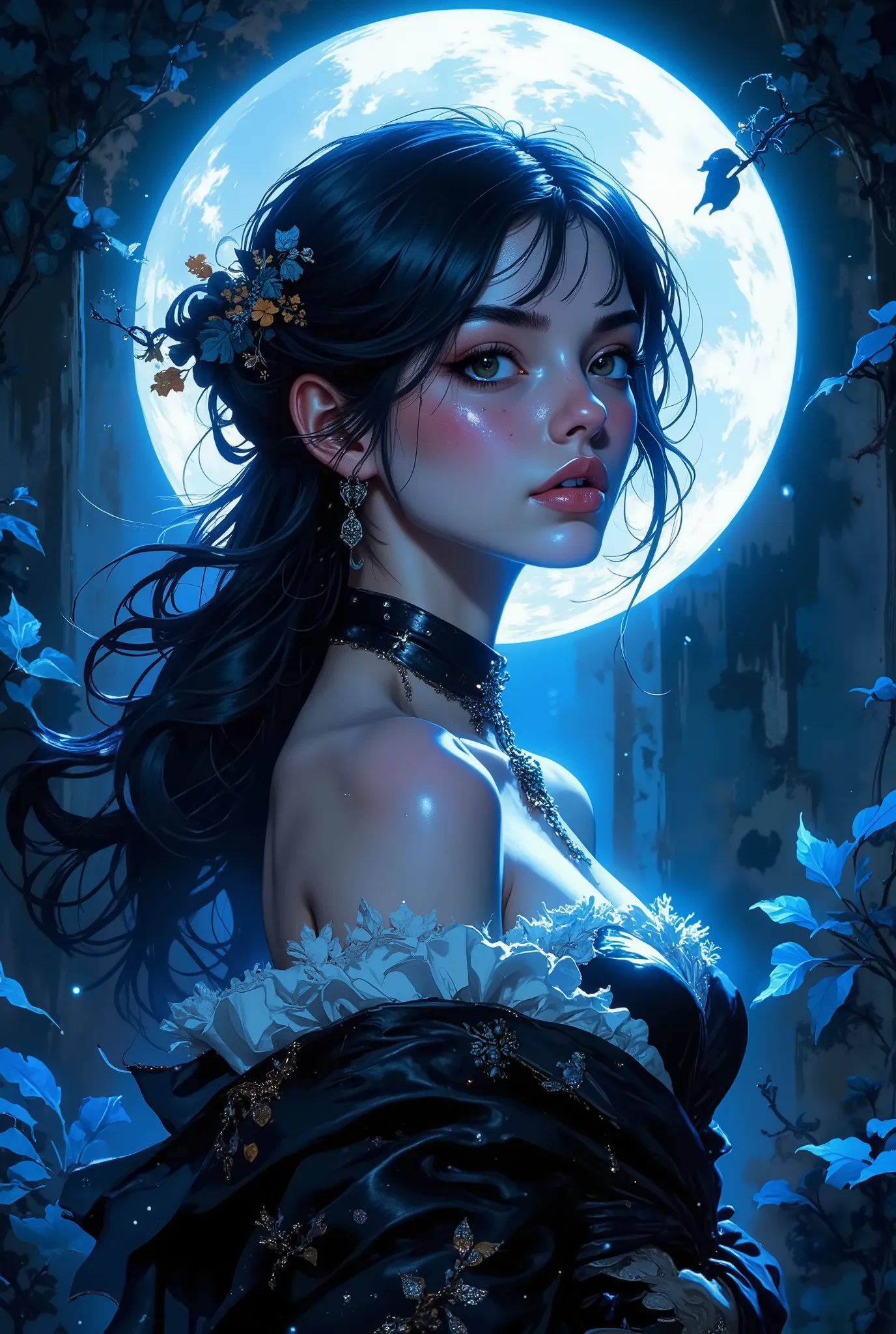 Bright and clear style,
animanigi,
3pic_vist4, (Gothic-fantasy portrait), a delicate, very pale Gothic girl bathed in bluish-white illumination, highlights playing in black hair and a top wrapped in precious fabric, deep shadows on her face and chest contr...