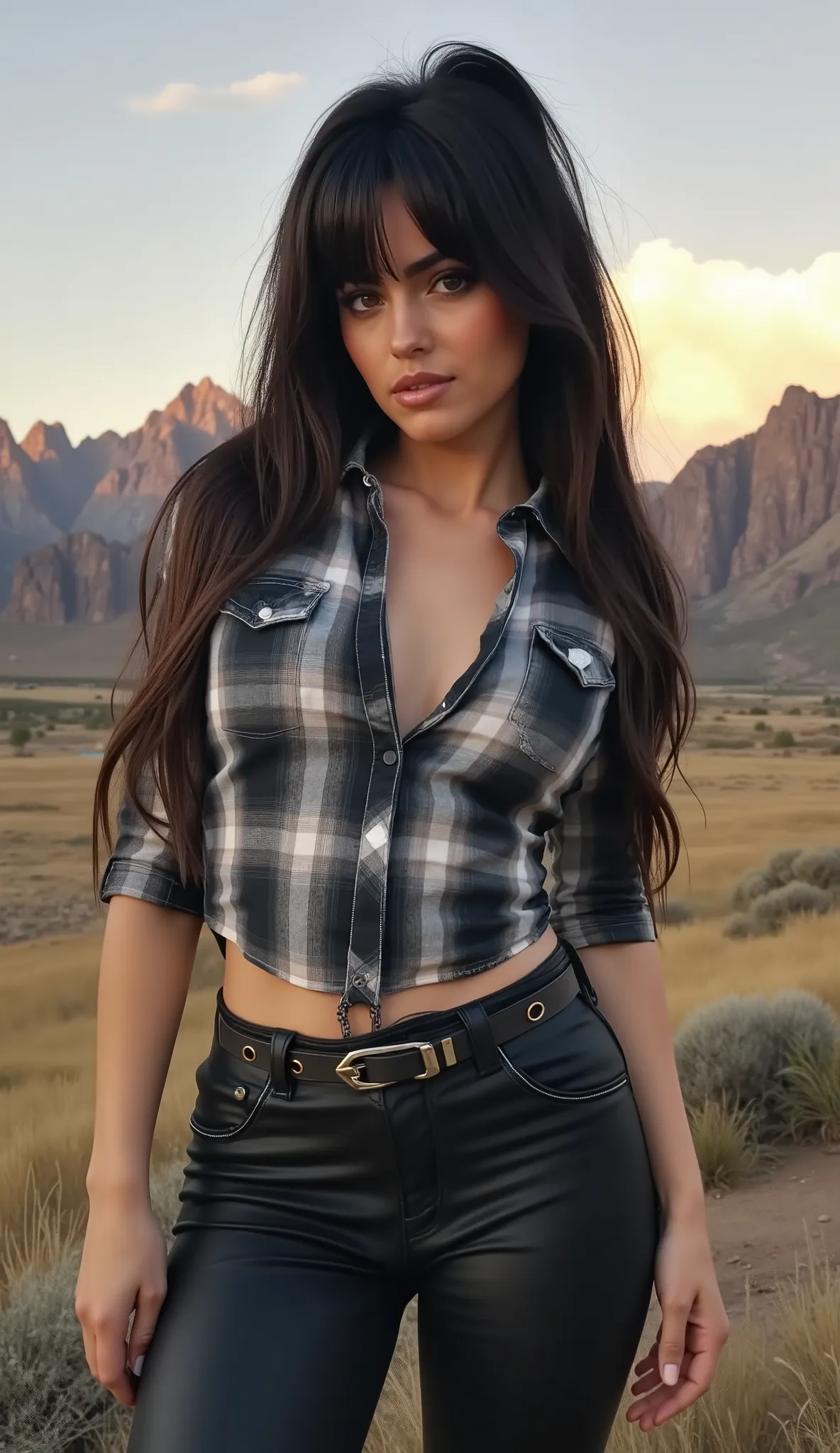 leahr4yv1flx, photorealistic style of a woman with long hair in black leather pants and a checkered shirt in front of a Colorado wild west landscape at civil twilight