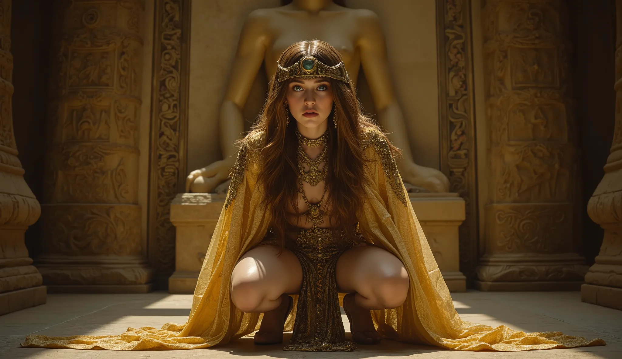 squatting evil young brunette woman, blue eyes, wearing golden and transparent ancient Egyptian clothing, Egyptian diadem, solar disk on the head inside an ancient Egyptian temple with a gan sculpture of the goddess isis German impressionism, Style: victor...
