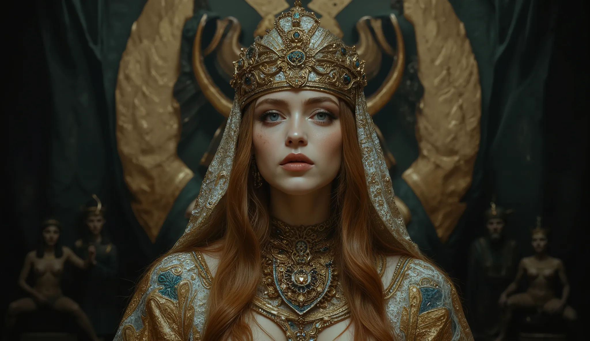 squatting evil young brunette woman, blue eyes, wearing golden and transparent ancient Egyptian clothing, Egyptian diadem, solar disk on the head inside an ancient Egyptian temple with a gan sculpture of the goddess isis German impressionism, Style: victor...