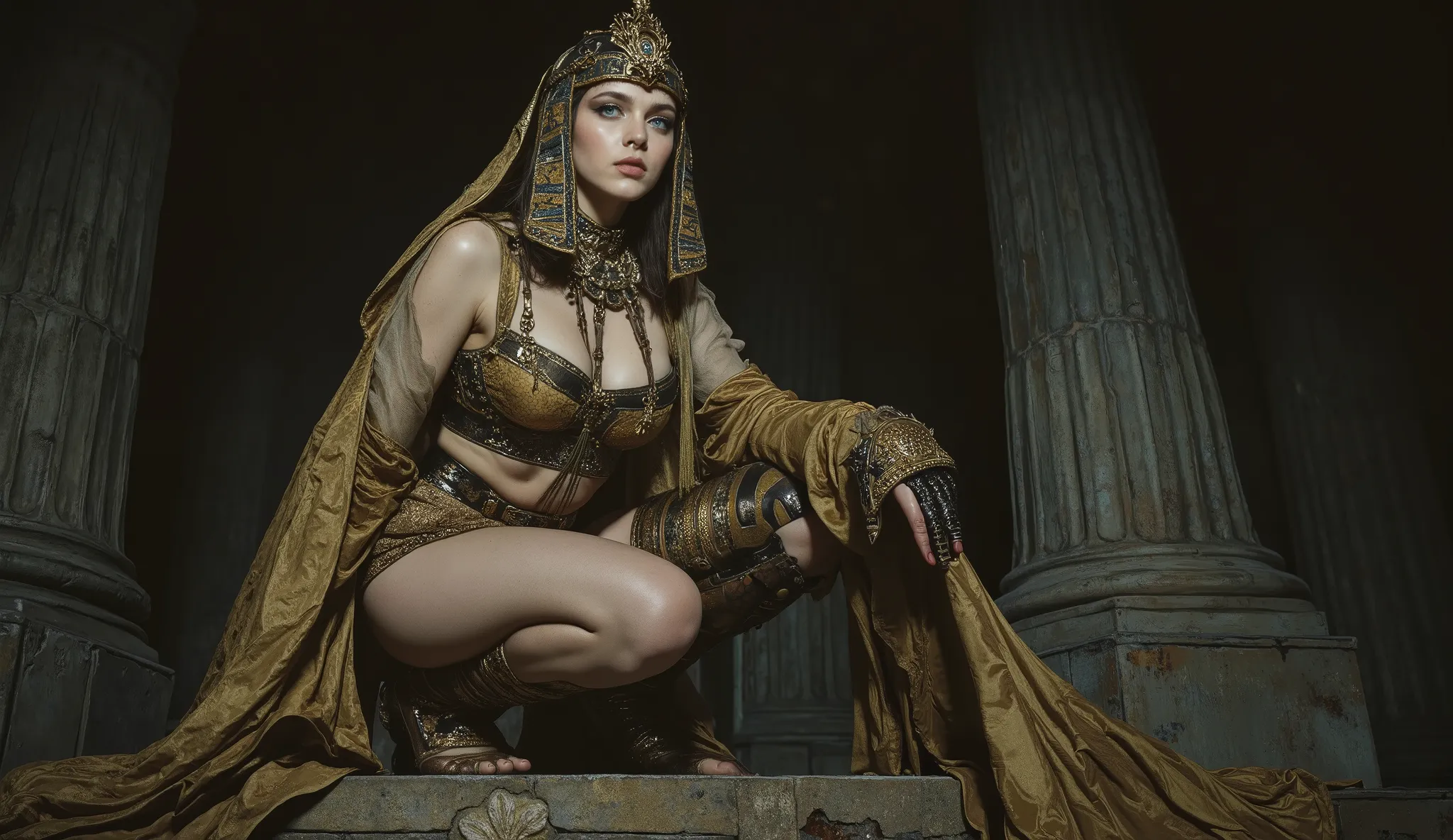 squatting evil young brunette woman, blue eyes, wearing golden and transparent ancient Egyptian clothing, Egyptian diadem, solar disk on the head inside an ancient Egyptian temple with a gan sculpture of the goddess isis German impressionism, Style: victor...