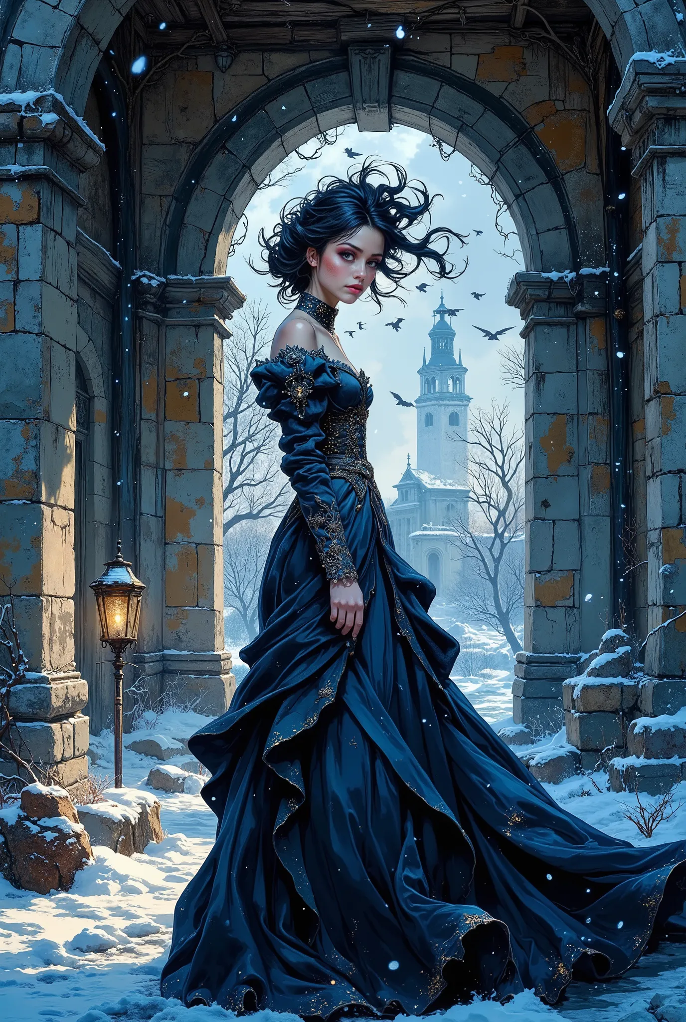 A young woman with black hair blown up in a gust of icy wind stood half-turned under the massive stone arch of a ruined estate, shackled by eternal cold. The arch is covered with frost and tenacious ivy. One of her hands is slightly raised, her fingers are...