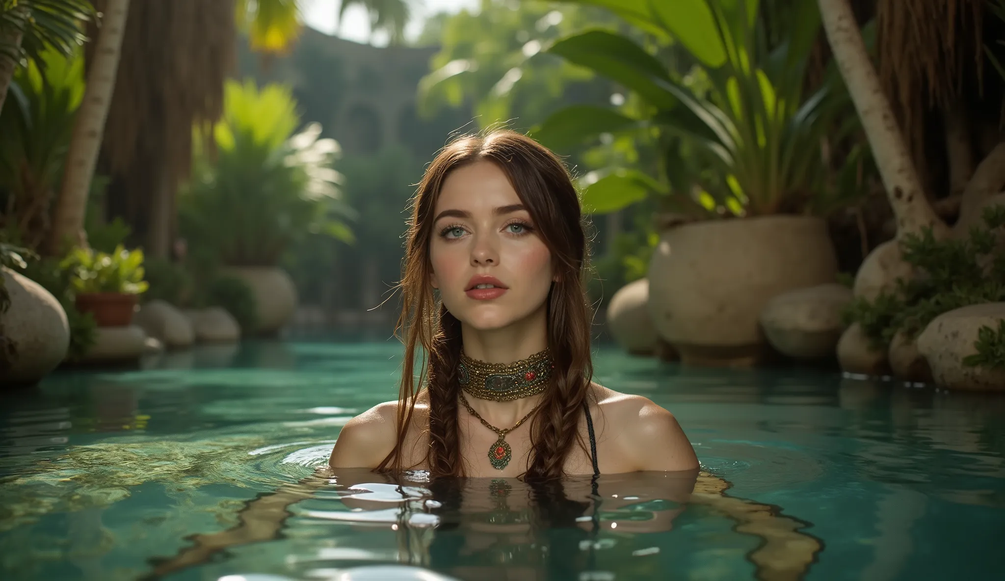 Ultra realistic cinematic historical scene photograph professional museum quality, young brunette woman, with blue eyes in lake taking a bath, Egyptian in a oasis, warm ambient light soft