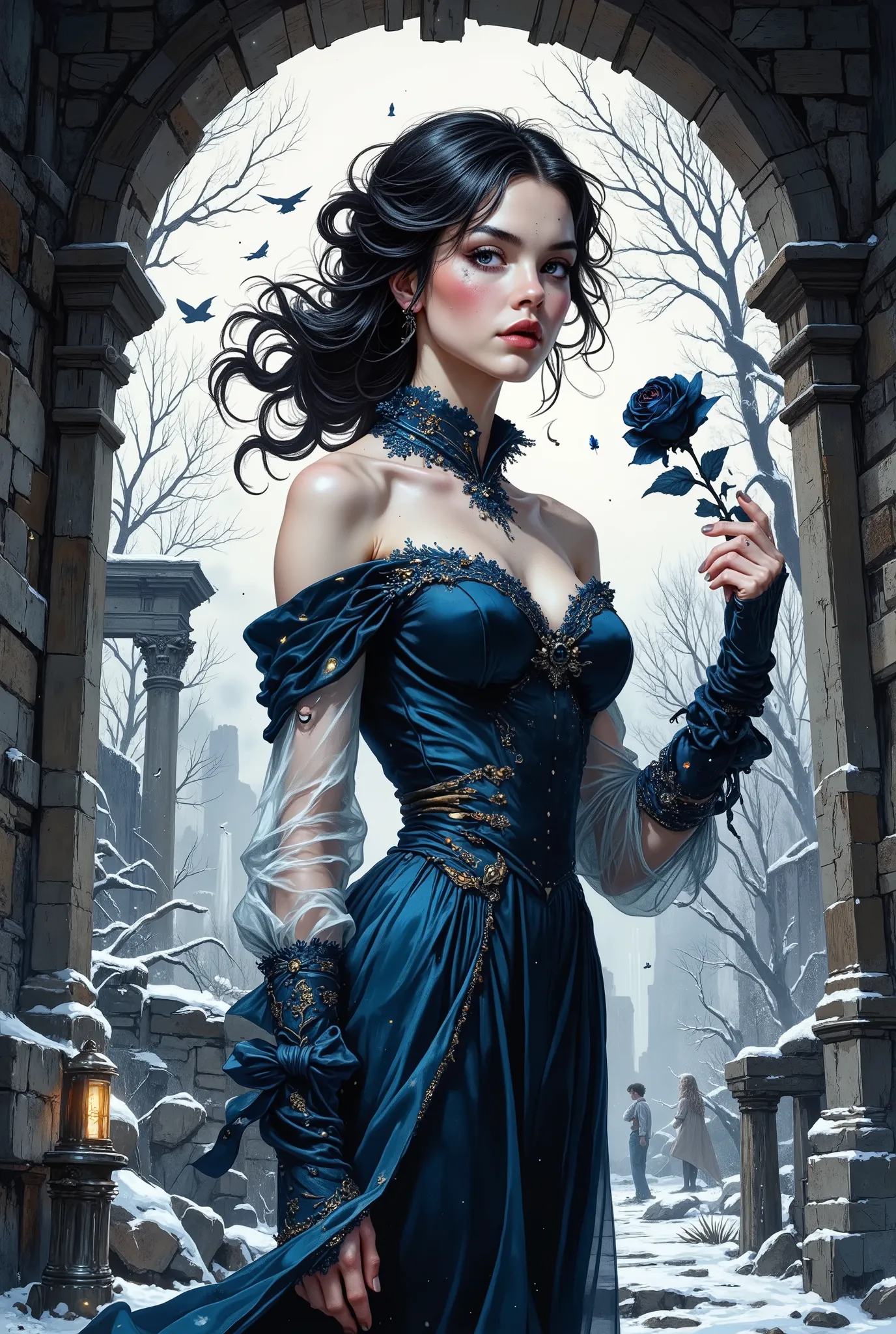 A young woman with black hair blown up in a gust of icy wind stood half-turned under the massive stone arch of a ruined estate, shackled by eternal cold. The arch is covered with frost and tenacious ivy. One of her hands is slightly raised, her fingers are...