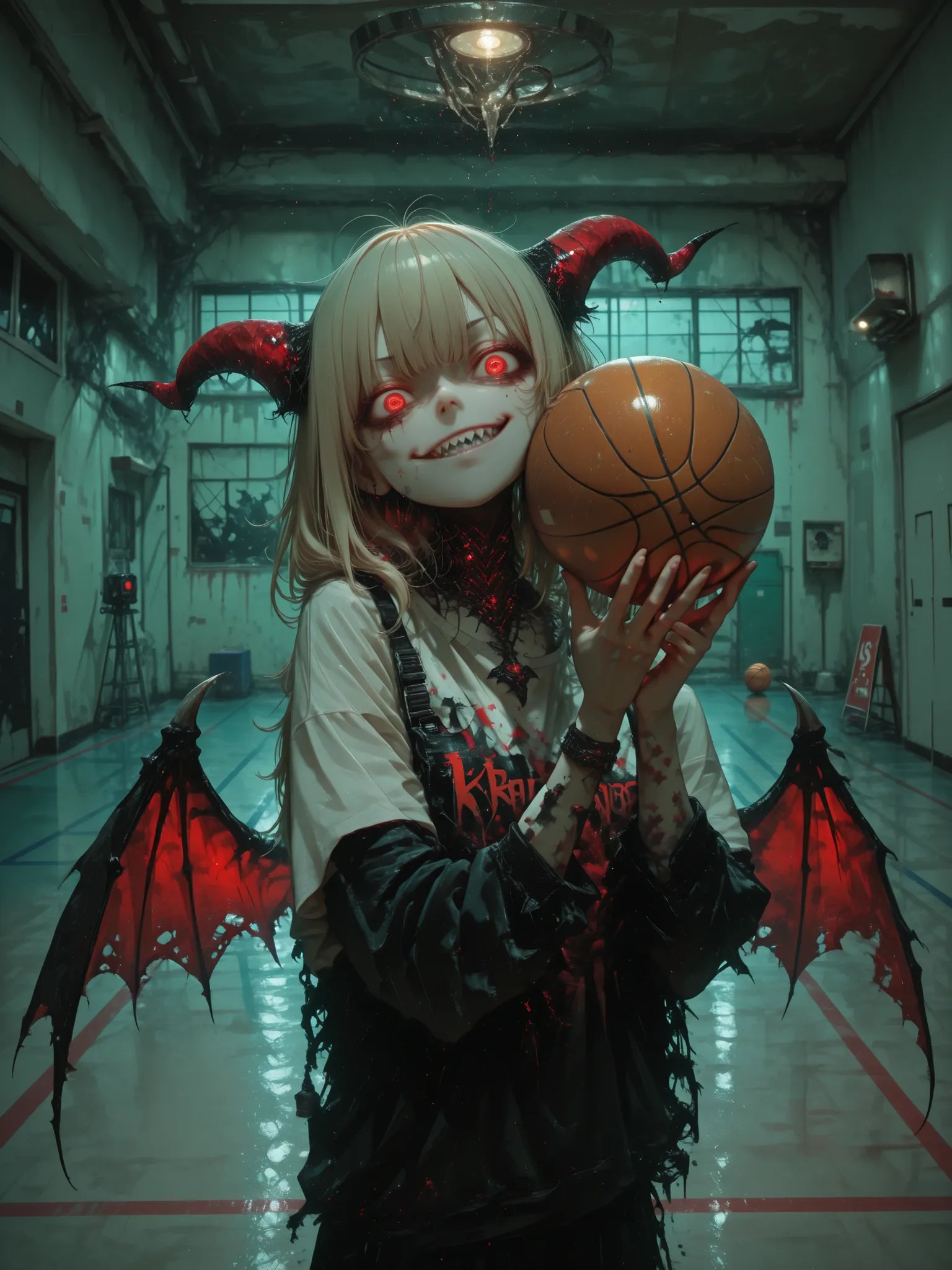 [topic]  screenshot from the movie  , creepy killer from the dark|
[character] woman with horns, the killer behind her, bat wings.
[action] serious expression, a majestic standing figure bites the ball、smirk, sharp teeth, holds a basketball in the gym , lo...