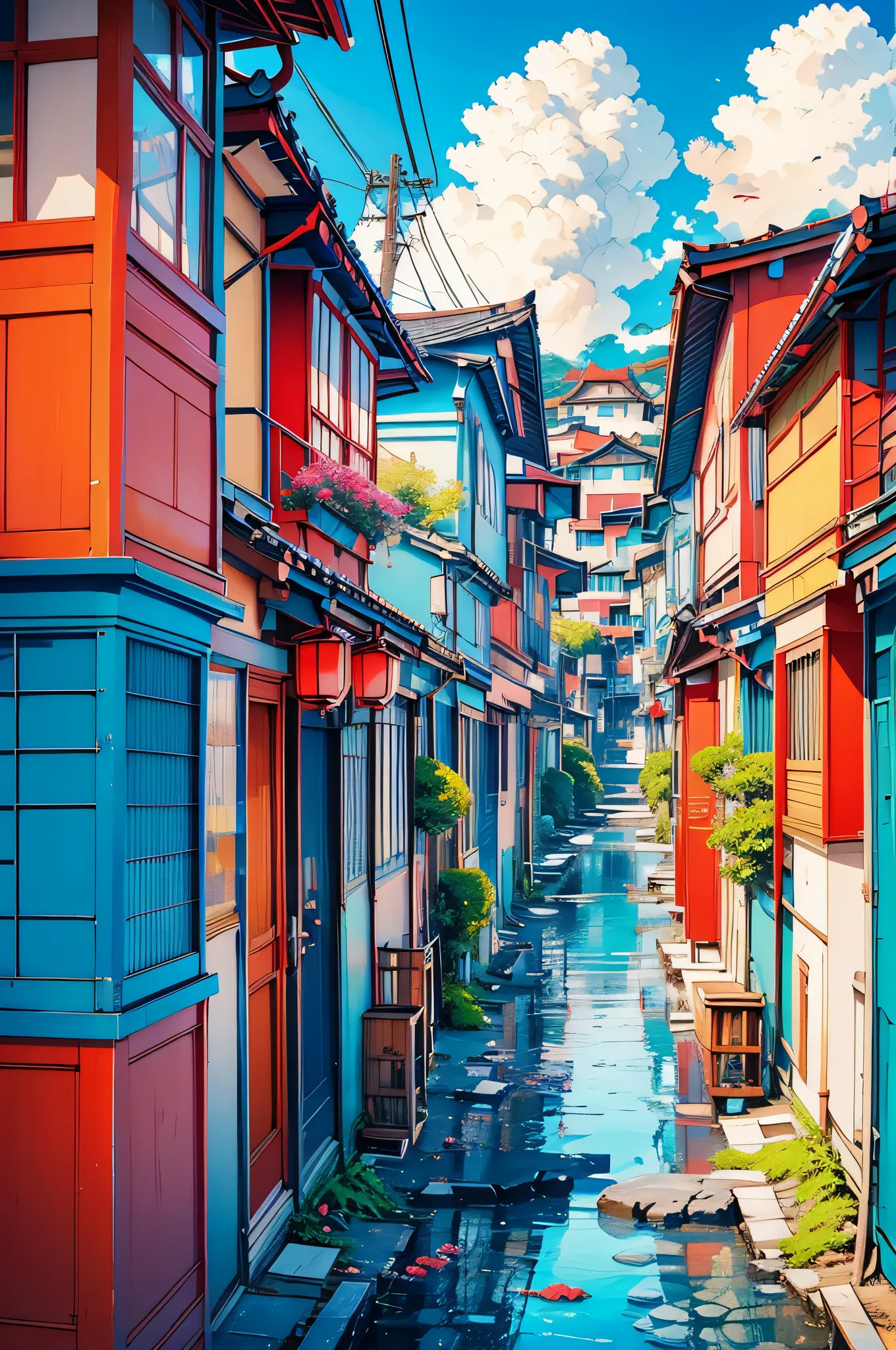 a nostalgic summer seaside town in Japan, narrow streets with red-tiled roofs, electric poles with power lines, bright blue sky with fluffy cumulus clouds, ocean in the background, anime art style, vivid colors, high detail, peaceful atmosphere, Ghibli-ins...