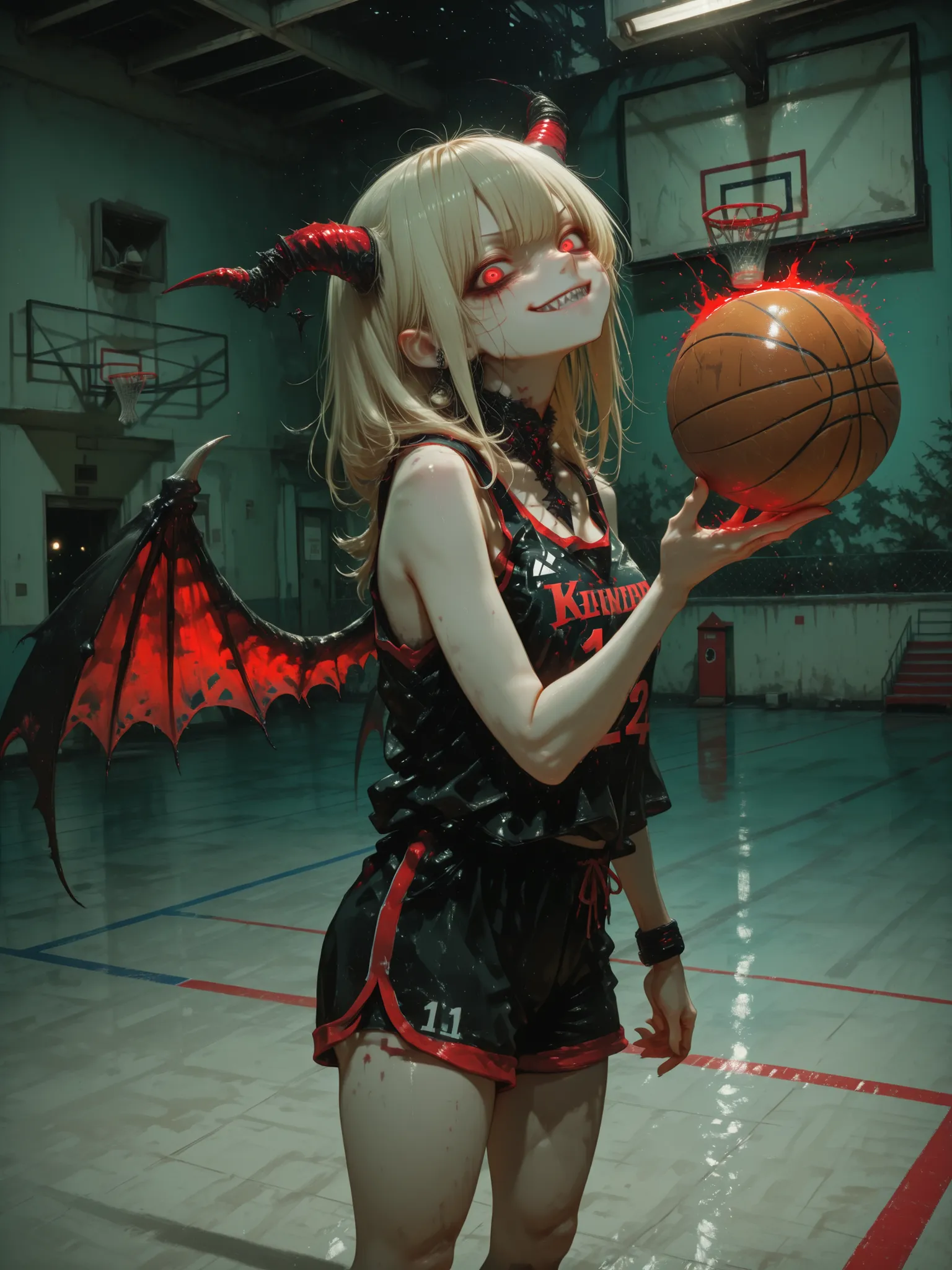 [topic]  screenshot from the movie  , creepy killer from the dark|
[character] woman with horns, the killer behind her, bat wings.
[action] serious expression, a majestic standing figure bites the ball、smirk, sharp teeth, holds a basketball in the gym , lo...