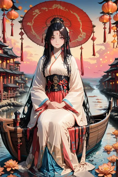 (masterpiece, лучшее качество:1.2), 1 girl, One, sits in a boat with his hand touching the water, a Chinese umbrella in his hands,  river ,  at sunset , large portrait. Chinese lanterns in the sky, 