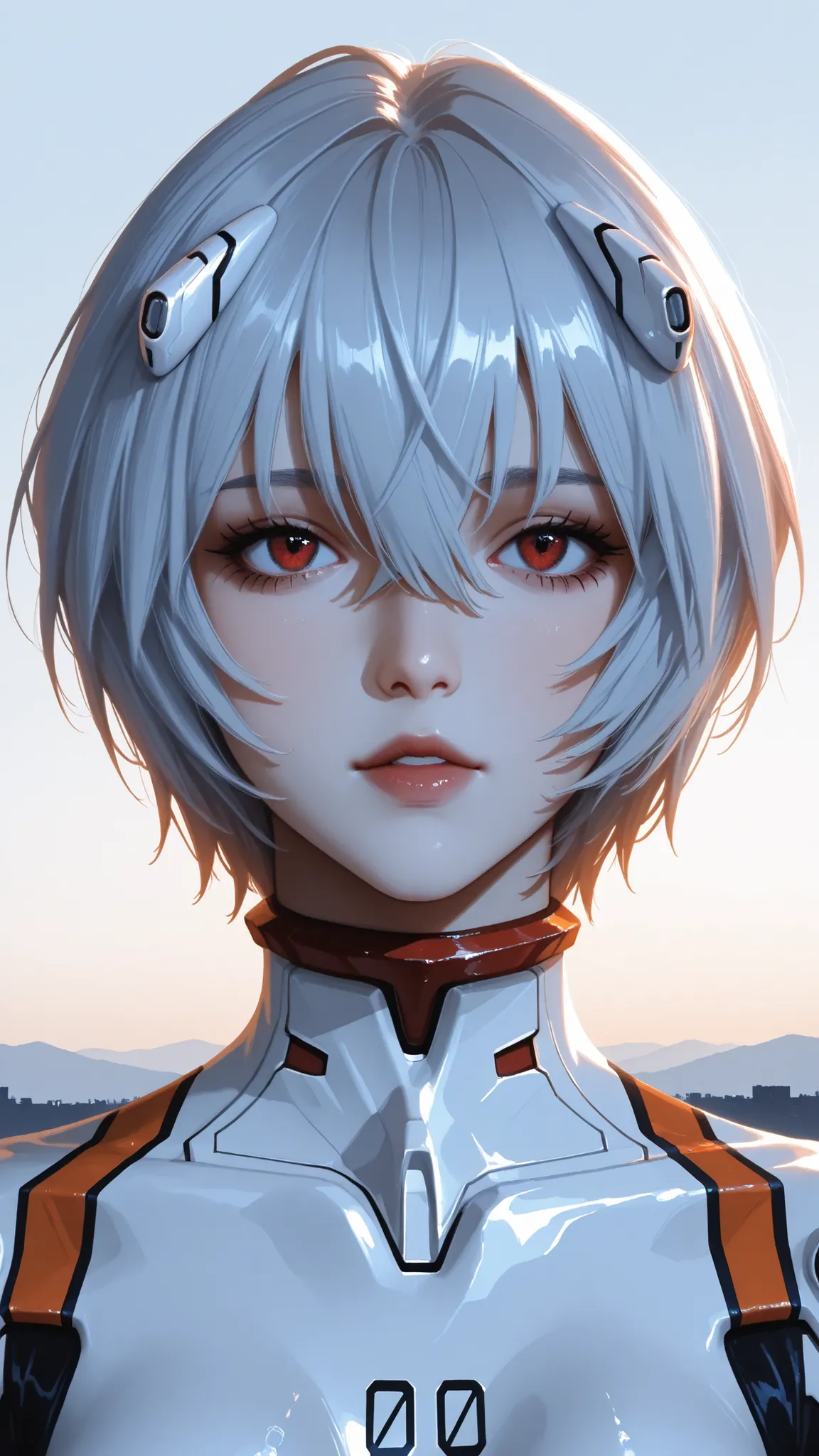 ayanami_rei,A vibrant and pure EVA Rei Ayanami，Portrait，Sky scene，Light-colored short hair，Highlighting the messy beauty of dynamic hair，super good-looking，Texture texture，High noise ，film grain texture，Minimalist style，Soft Focus Aesthetics， top view，电影美学...