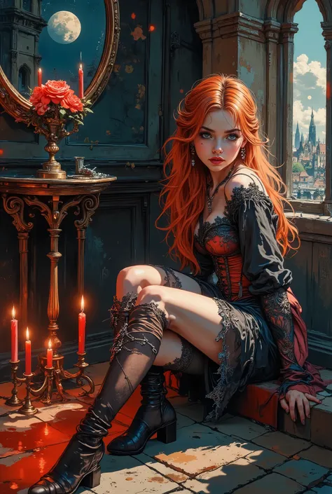A young, very beautiful girl with aristocratic pallor of skin and almond-shaped eyes, accentuated by dark makeup, is sitting on an old stone floor near a large Gothic-style window. Her pose is half-embryo: knees pulled up to her chest, arms wrapped around ...