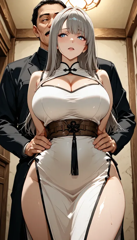 anime character, attractive woman, Milf,  ((completely straight hair)), long dark gray hair, with fringe framing her face, light blue eyes, expression of leadership, leadership look, perfect profiled face, intense look,  cold expression , Wears a dark form...