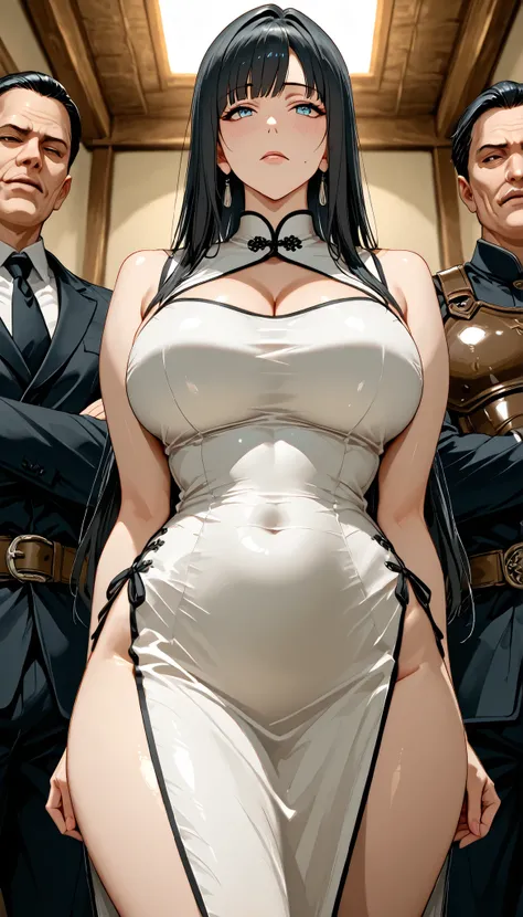 anime character, attractive woman, Milf,  ((completely straight hair)), long dark gray hair, with fringe framing her face, light blue eyes, expression of leadership, leadership look, perfect profiled face, intense look,  cold expression , Wears a dark form...