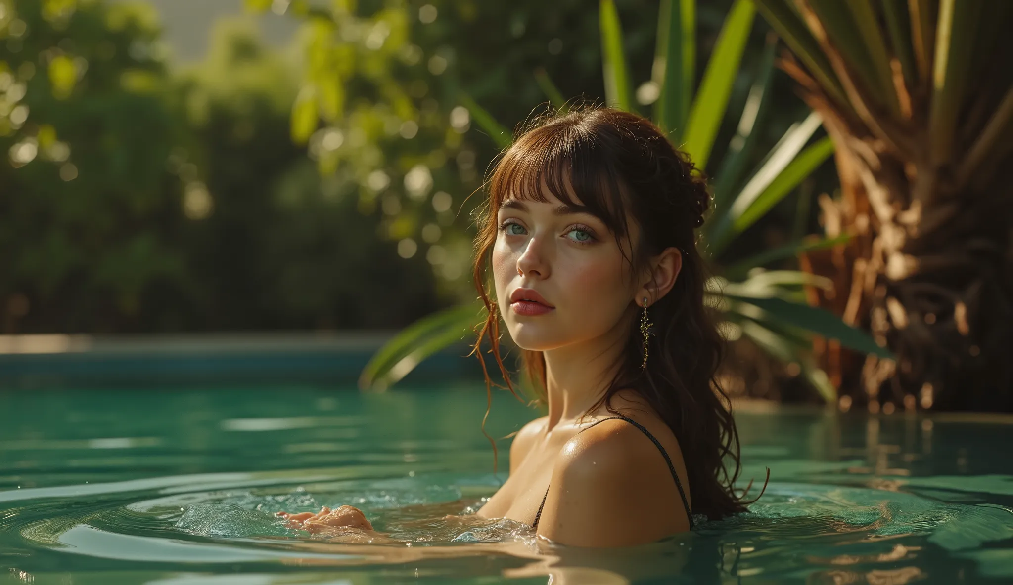 Ultra realistic cinematic historical scene photograph professional museum quality, young brunette woman, with blue eyes in lake taking a bath, Egyptian in a oasis, warm ambient light soft