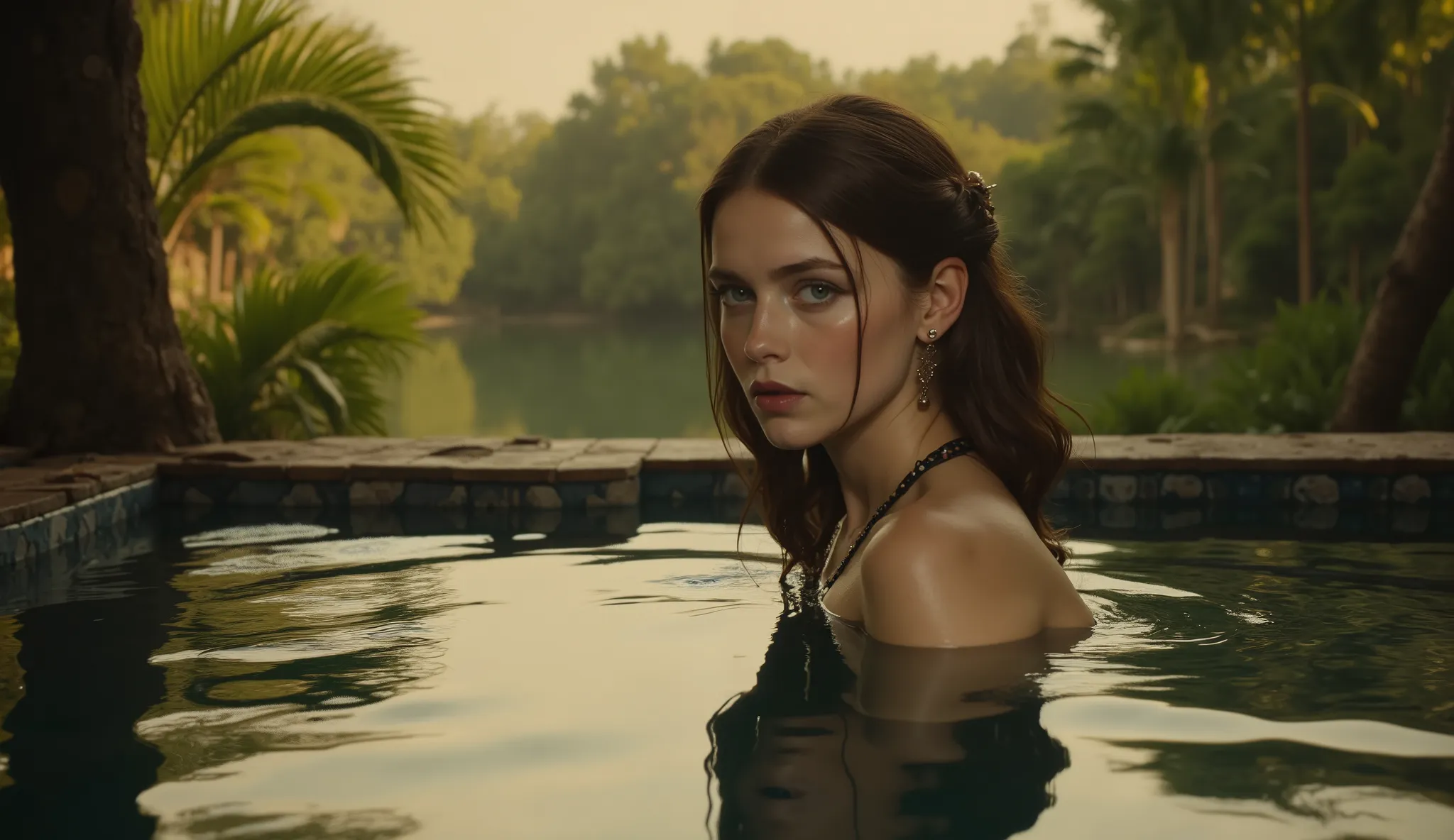Ultra realistic cinematic historical scene photograph professional museum quality, young brunette woman, with blue eyes in lake taking a bath, Egyptian in a oasis, warm ambient light soft