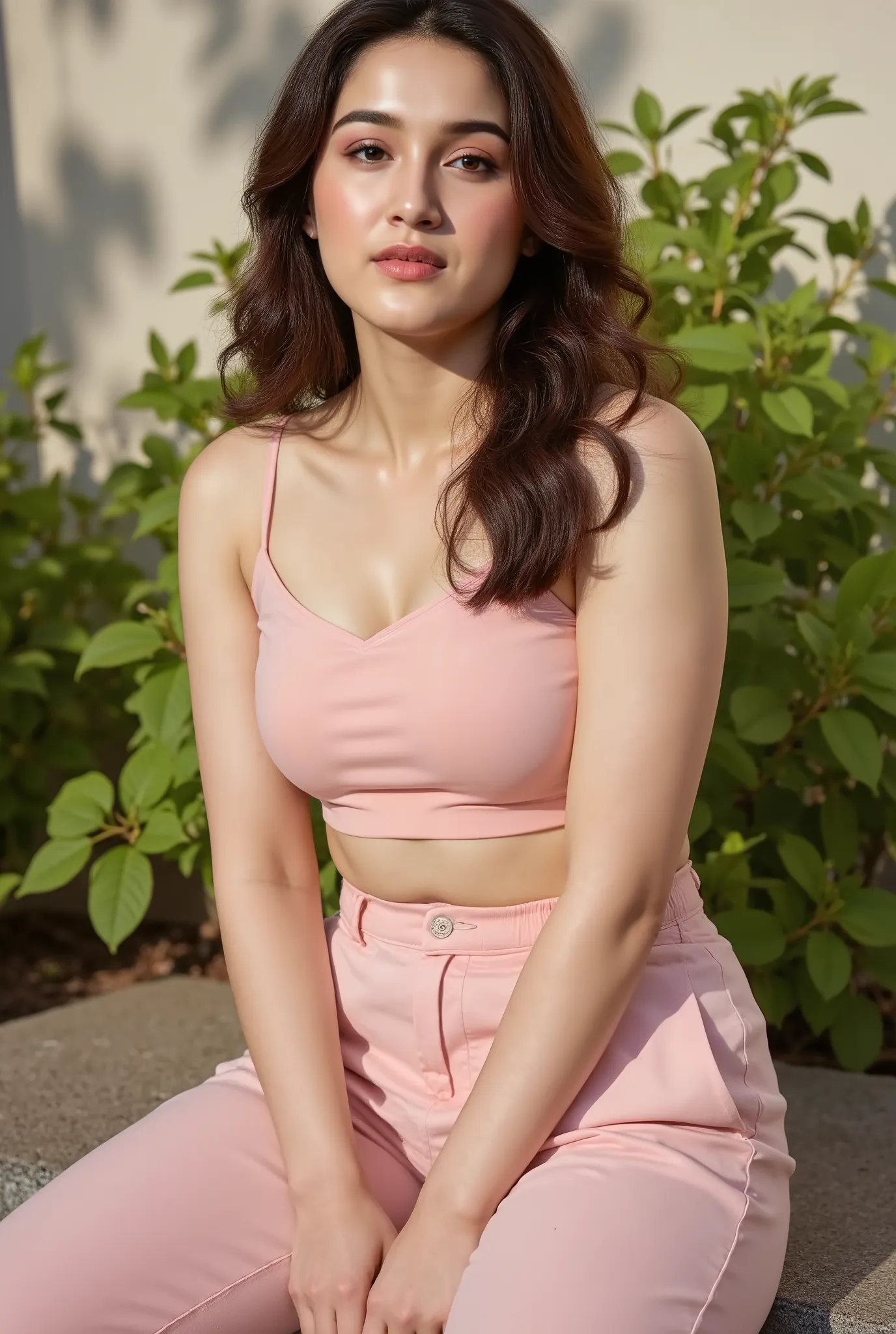 "A young woman sitting outdoors in soft natural light, wearing a pastel pink sleeveless crop top and matching pants. Her expression is calm and confident, with a relaxed pose. Surrounded by lush green plants and soft shadows, the setting conveys a peaceful...