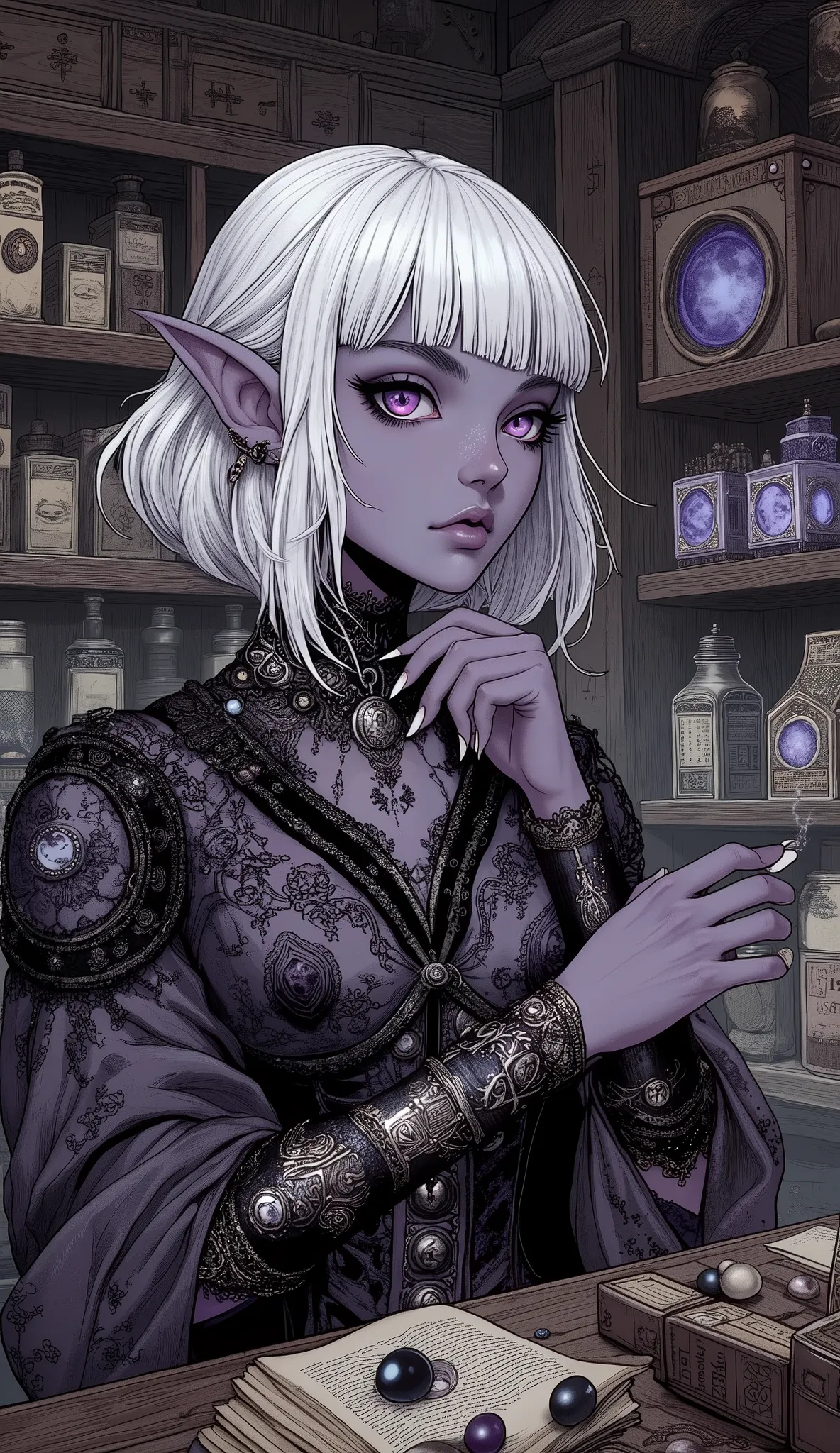 (A fusion of Ukiyo-e and dark fantasy. Aesthetic and gothic digital art. Draw a detailed face. Look away.) BREAK (White hair. Blunt bangs. White eyebrows. Long white eyelashes. Almond-shaped eyes. Lavender eyes. Dark, thick eyeliner. Small pink lips. Sligh...