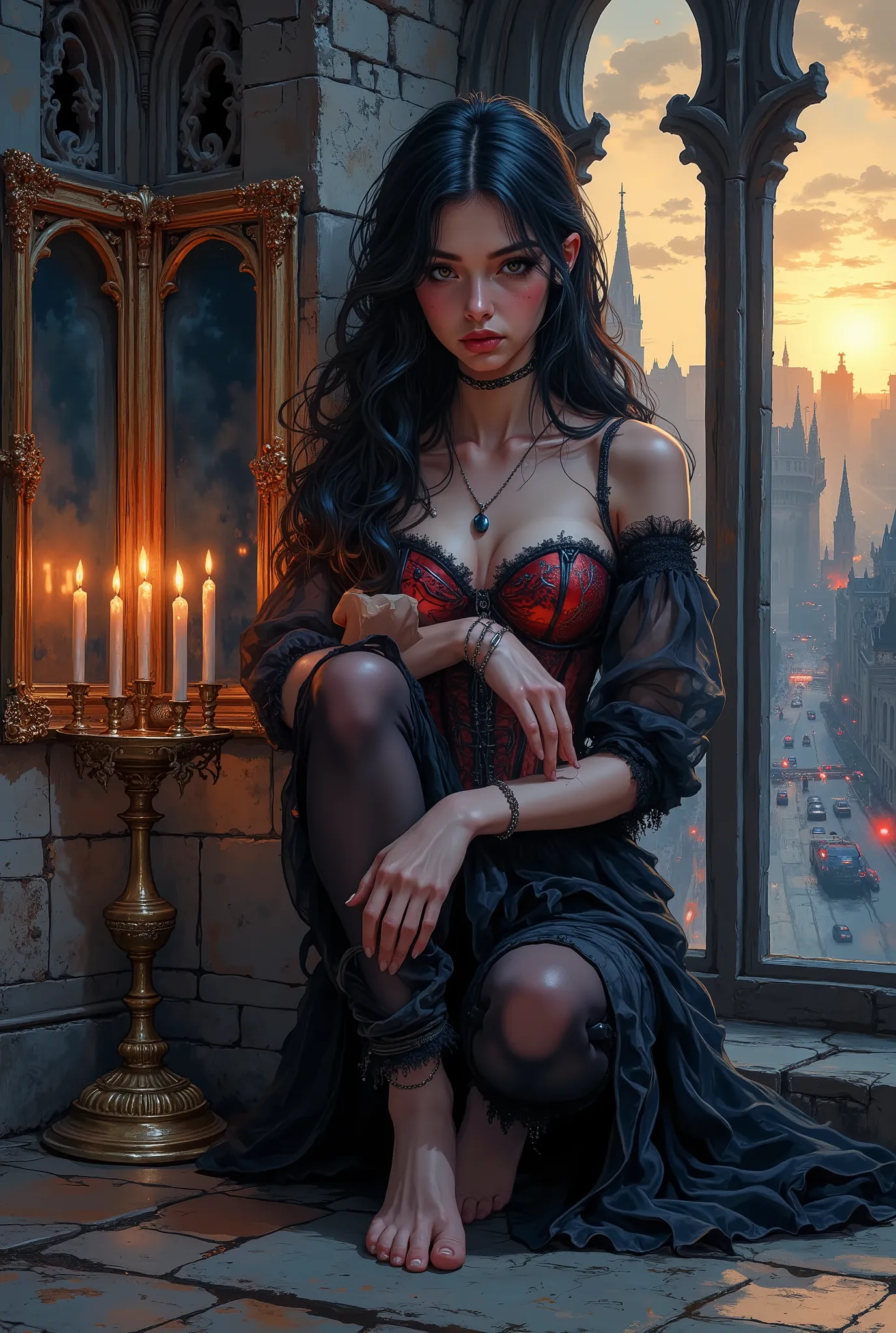 A young, very beautiful girl with aristocratic pallor of skin and almond-shaped eyes, accentuated by dark makeup, is sitting on an old stone floor near a large Gothic-style window. Her pose is half-embryo: knees pulled up to her chest, arms wrapped around ...