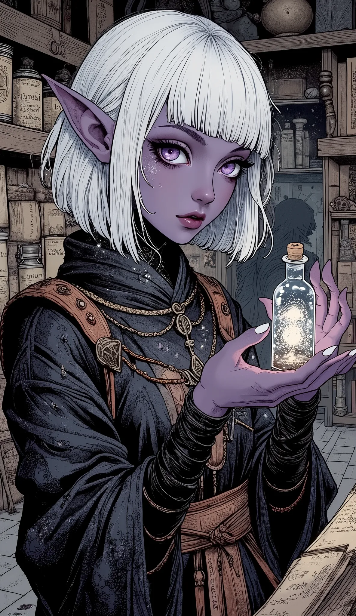 (A fusion of Ukiyo-e and dark fantasy. Aesthetic and gothic digital art. Draw a detailed face. Look away.) BREAK 
(White hair. Blunt bangs. White eyebrows. Long white eyelashes. Almond-shaped eyes. Lavender eyes. Dark, thick eyeliner. Small pink lips. Slig...