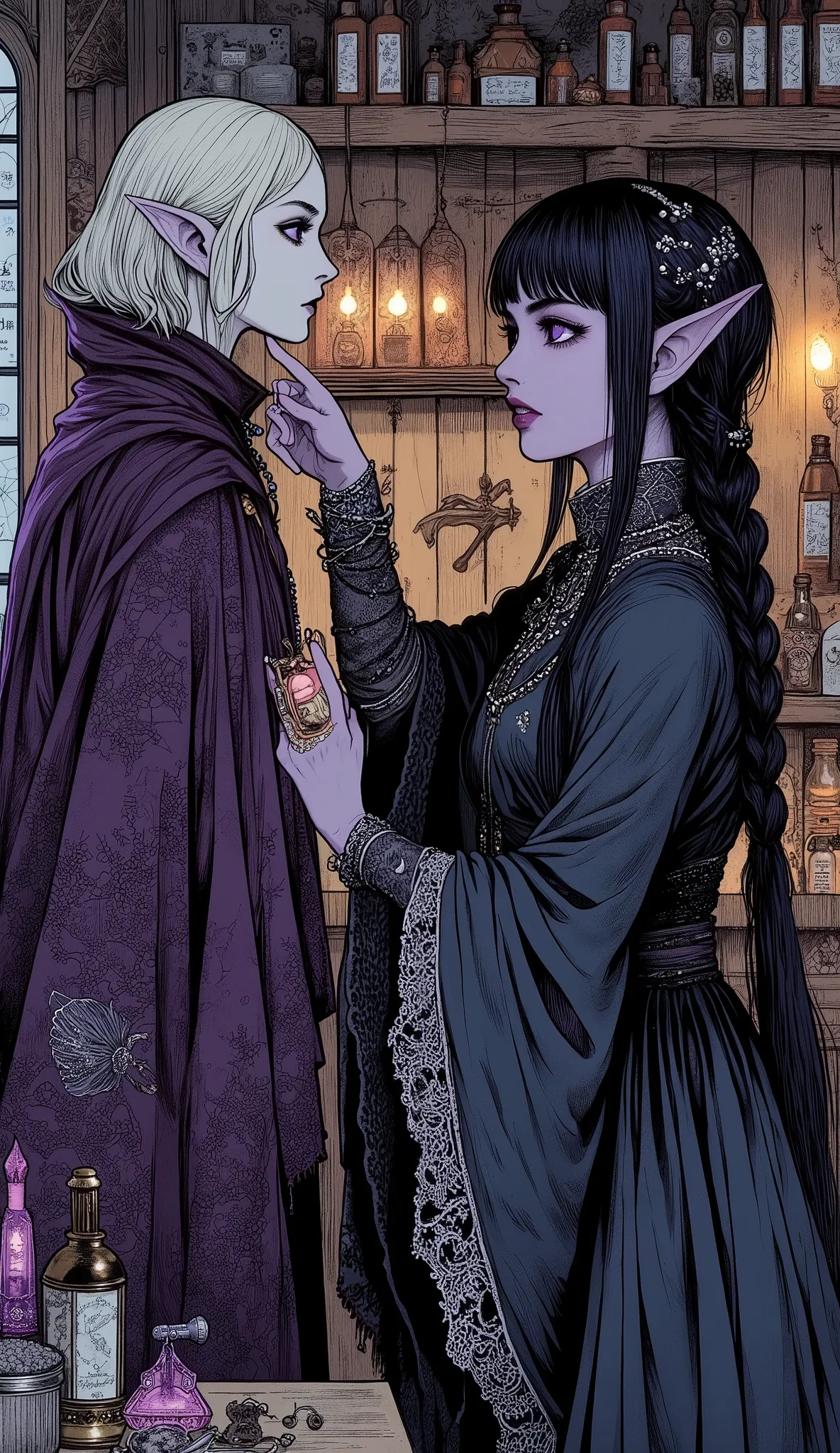 (A fusion of Ukiyo-e and dark fantasy. Aesthetic and gothic digital art. Draw a detailed face. Look away.) BREAK
(White hair. Blunt bangs. White eyebrows. Long white eyelashes. Almond-shaped eyes. Lavender eyes. Dark, thick eyeliner. Small pink lips. Slig...