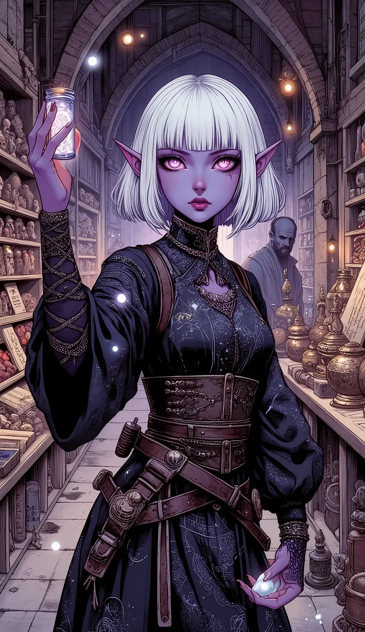 (A fusion of Ukiyo-e and dark fantasy. Aesthetic and gothic digital art. Draw a detailed face. Look away.) BREAK
(White hair. Blunt bangs. White eyebrows. Long white eyelashes. Almond-shaped eyes. Lavender eyes. Dark, thick eyeliner. Small pink lips. Slig...