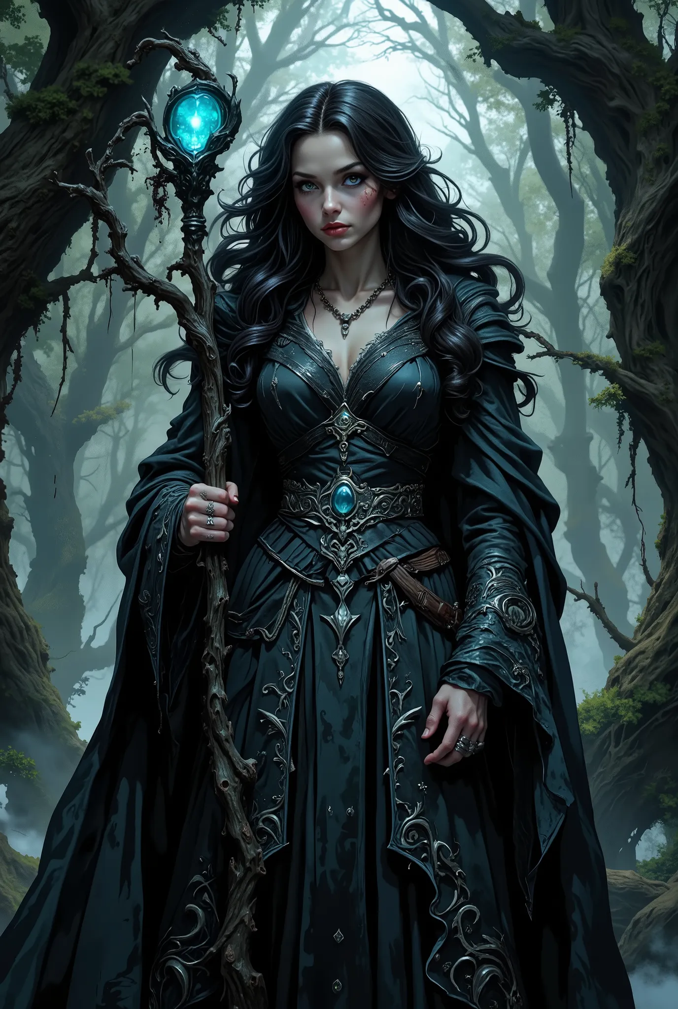 A realistic photo with a cinematic feel. In the photo, a female necromancer stands in a dense forest. The Necromancer has pale and smooth skin and long black curly hair that hangs naturally. She has a pair of green eyes, which are piercing. Her facial feat...