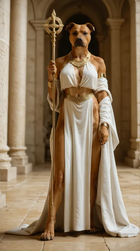 (anthro) ((pitbull)) female standing holding a spear on a red velvet blanket wearing gold chain and white toga. Set against an (Grecian) backdrop that is covered marble. paws, tall, posed like a Greek goddess
