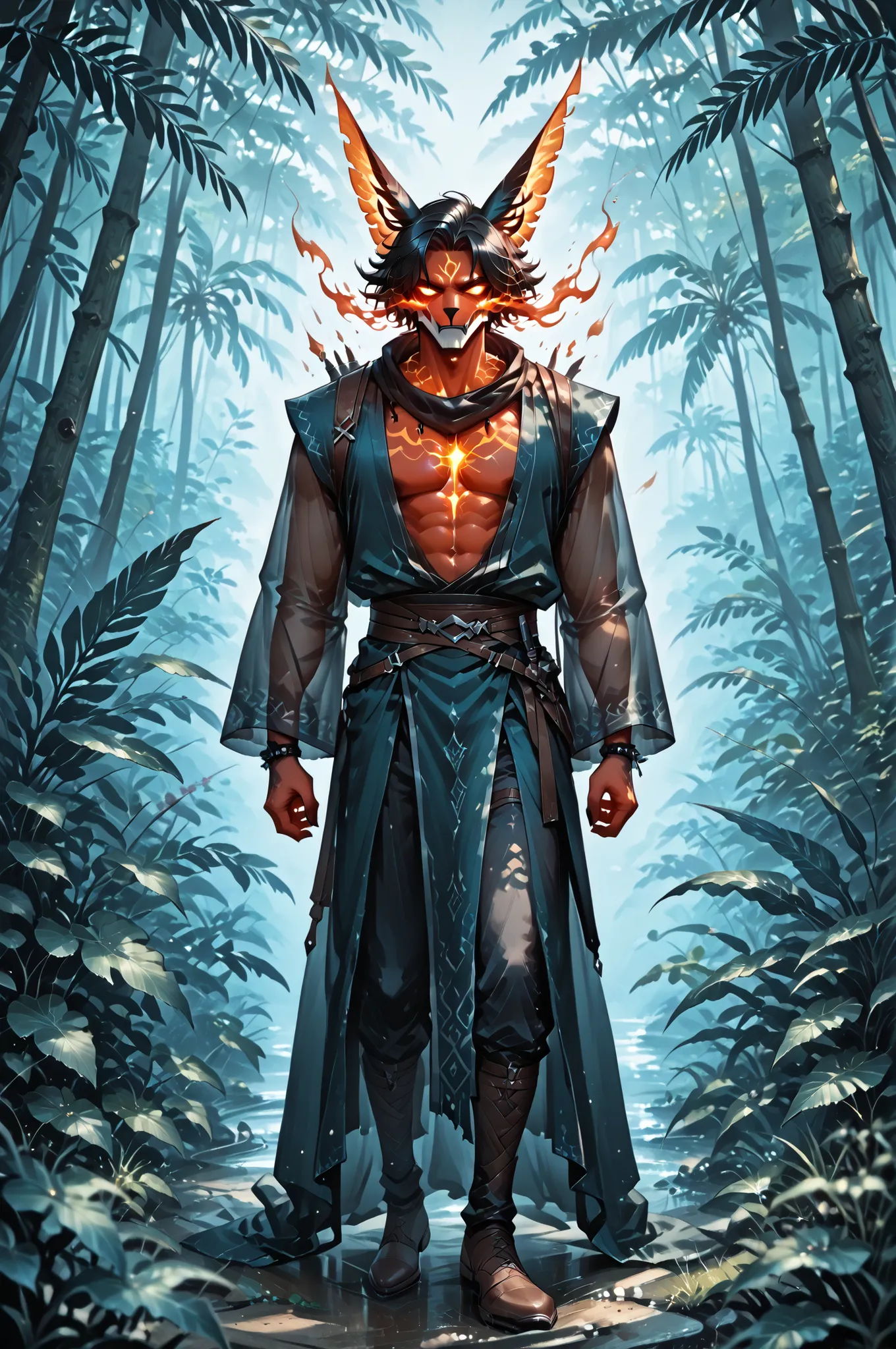 masterpiece, best quality, amazing quality, very aesthetic, a male red spirit-moth, translucent glowing, fantasy theme, full body fan art, amazing tropical forest background, depth of field