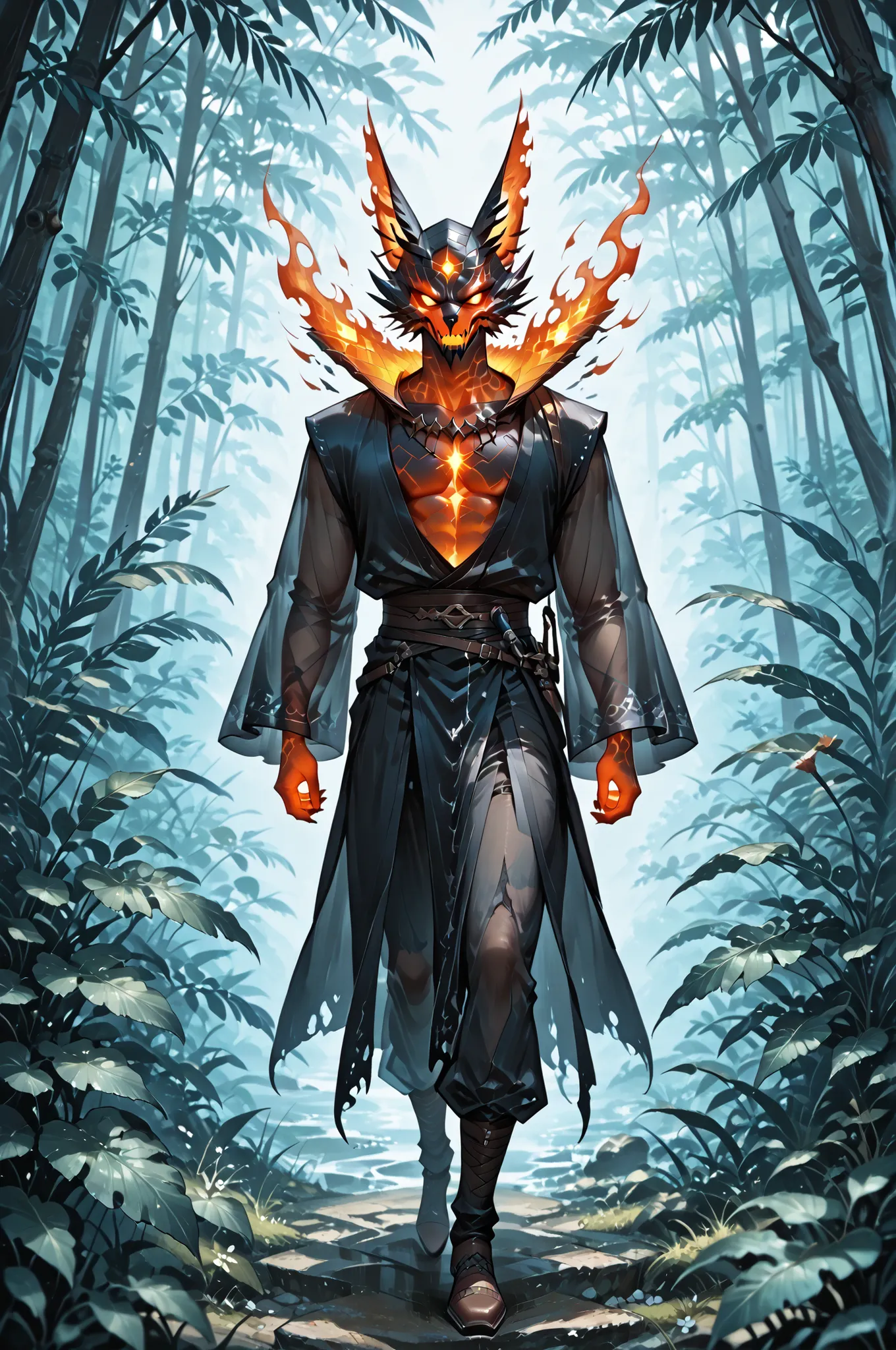 masterpiece, best quality, amazing quality, very aesthetic, a male red spirit-moth, translucent glowing, fantasy theme, full body fan art, amazing tropical forest background, depth of field